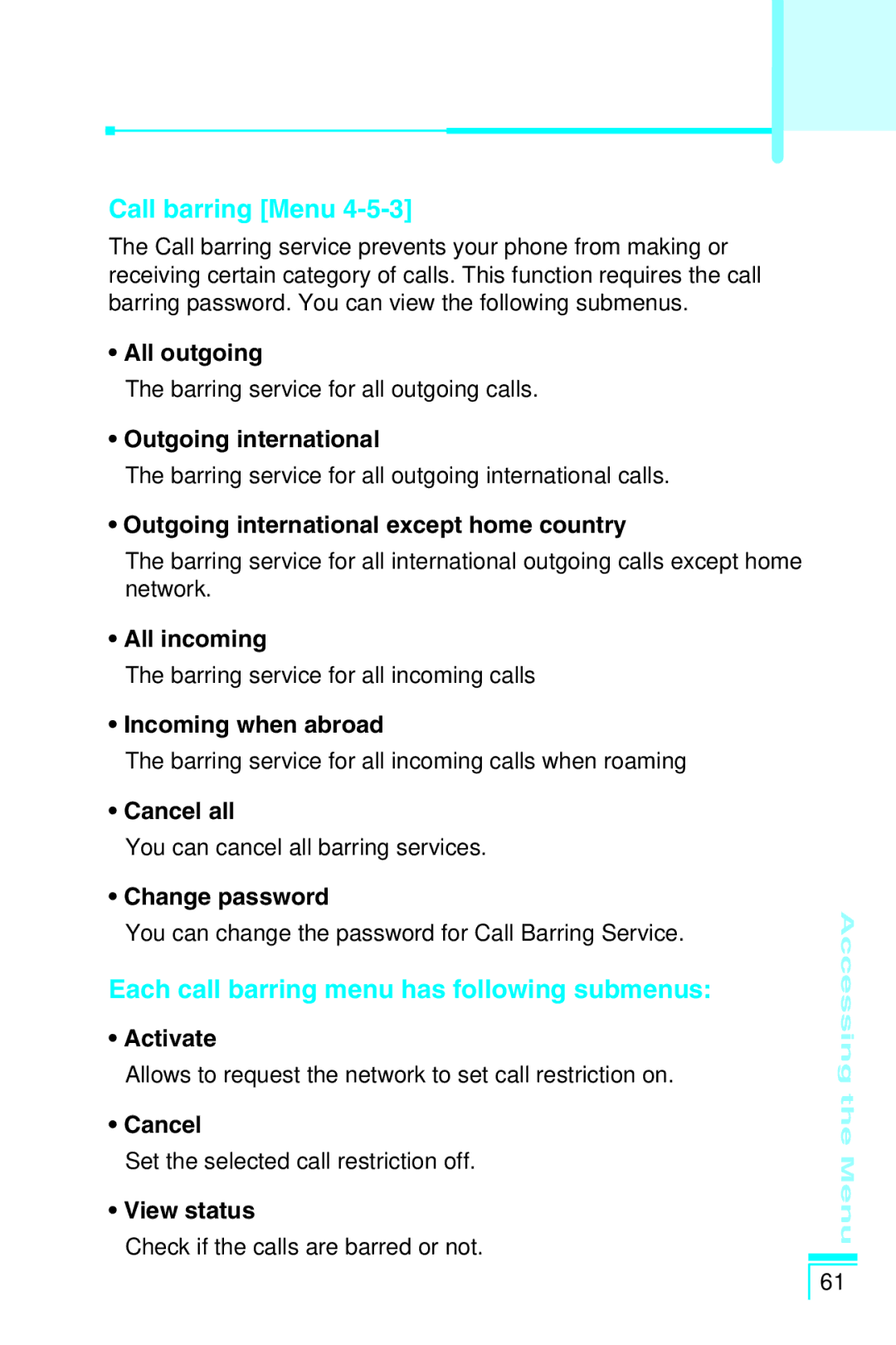 LG Electronics G5400 user manual Call barring Menu, Each call barring menu has following submenus 