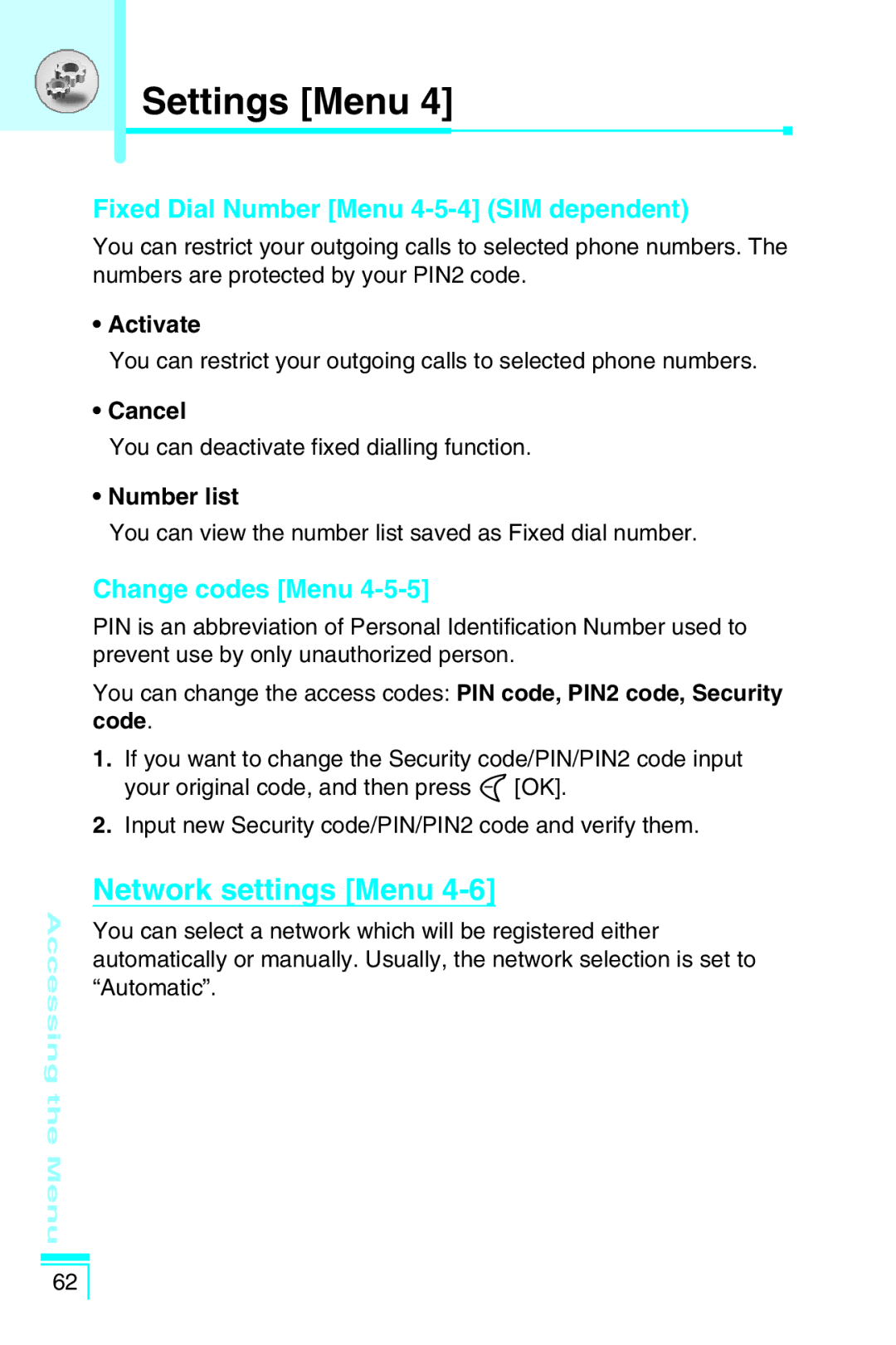 LG Electronics G5400 Network settings Menu, Fixed Dial Number Menu 4-5-4 SIM dependent, Change codes Menu, Number list 