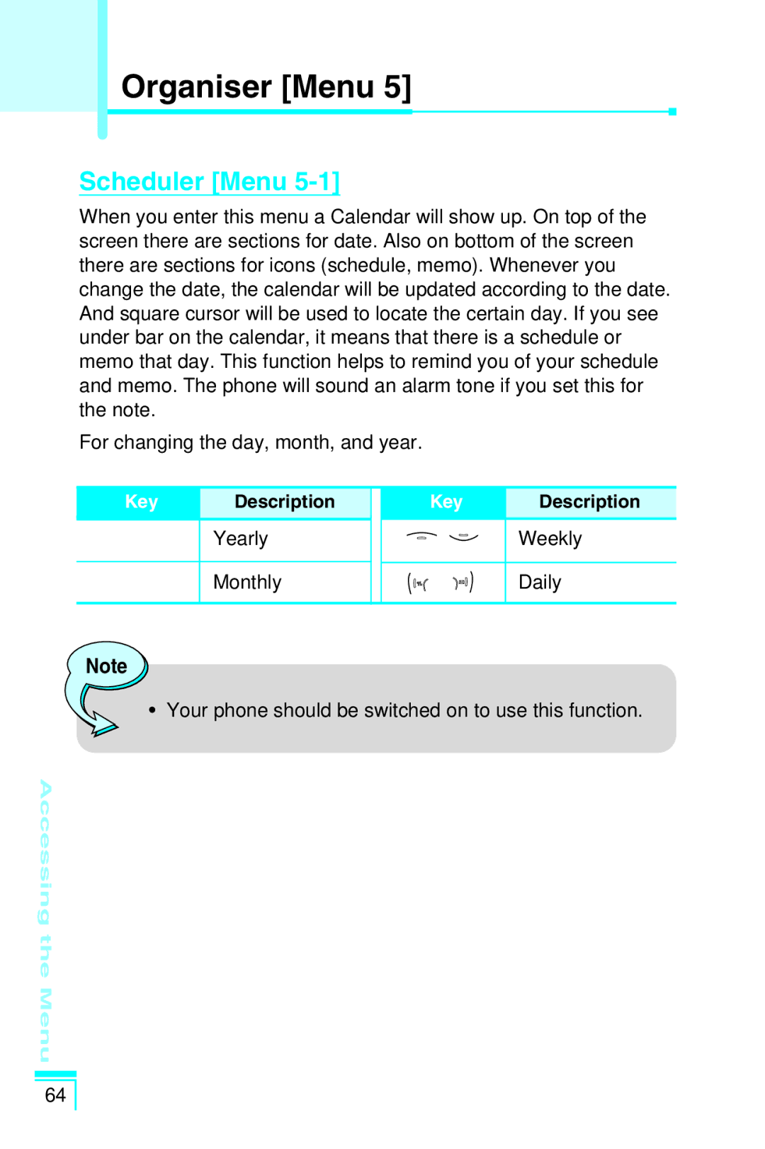 LG Electronics G5400 user manual Organiser Menu, Scheduler Menu 