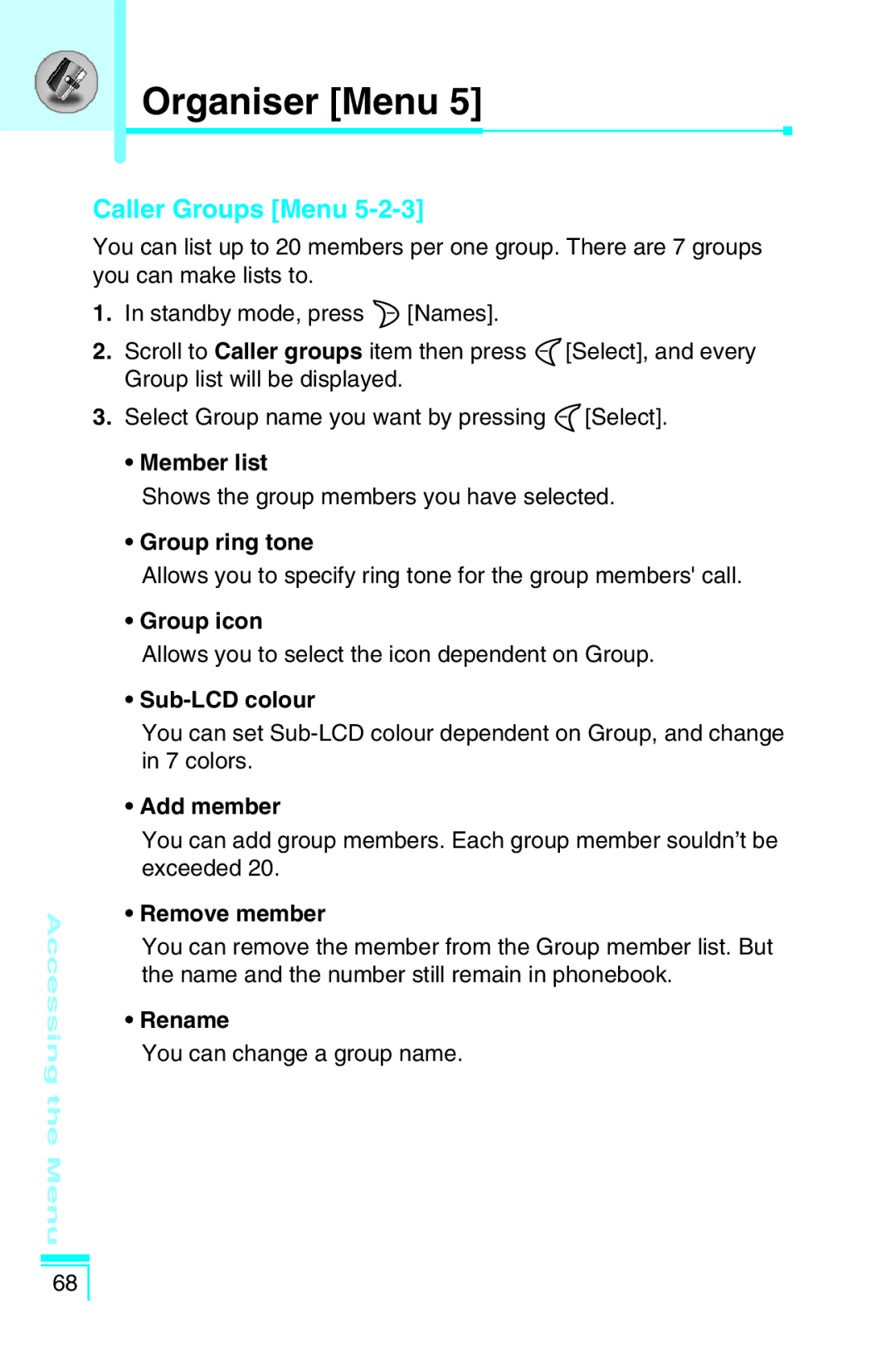 LG Electronics G5400 user manual Caller Groups Menu 