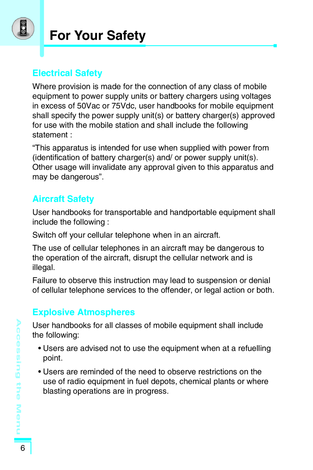 LG Electronics G5400 user manual Electrical Safety, Aircraft Safety, Explosive Atmospheres 