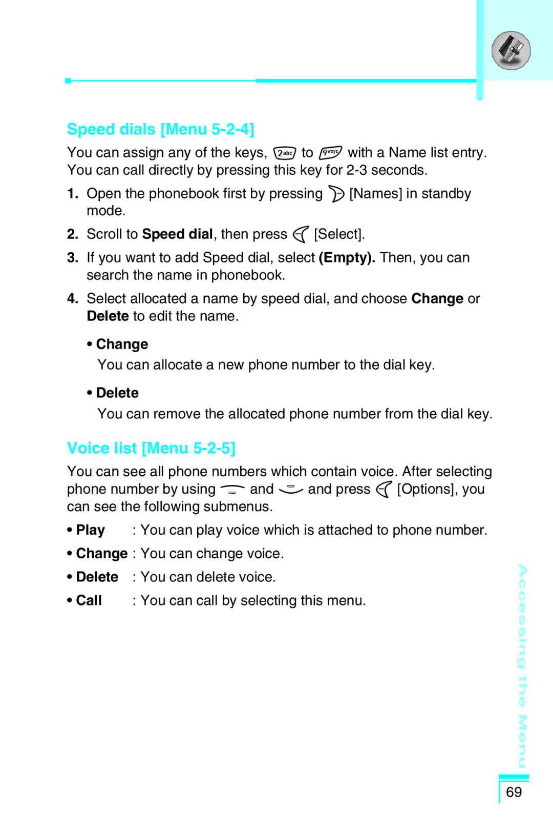 LG Electronics G5400 user manual Speed dials Menu, Voice list Menu, Change, Delete 