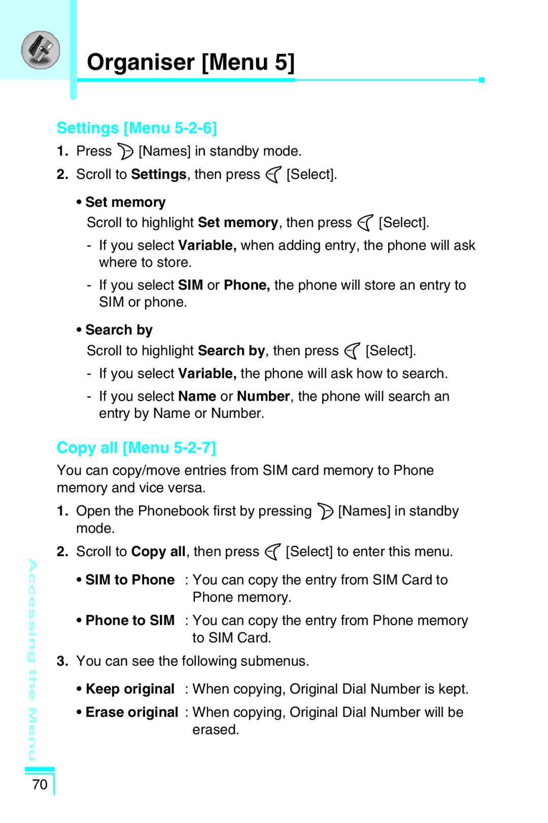 LG Electronics G5400 user manual Settings Menu, Copy all Menu, Set memory, Search by 