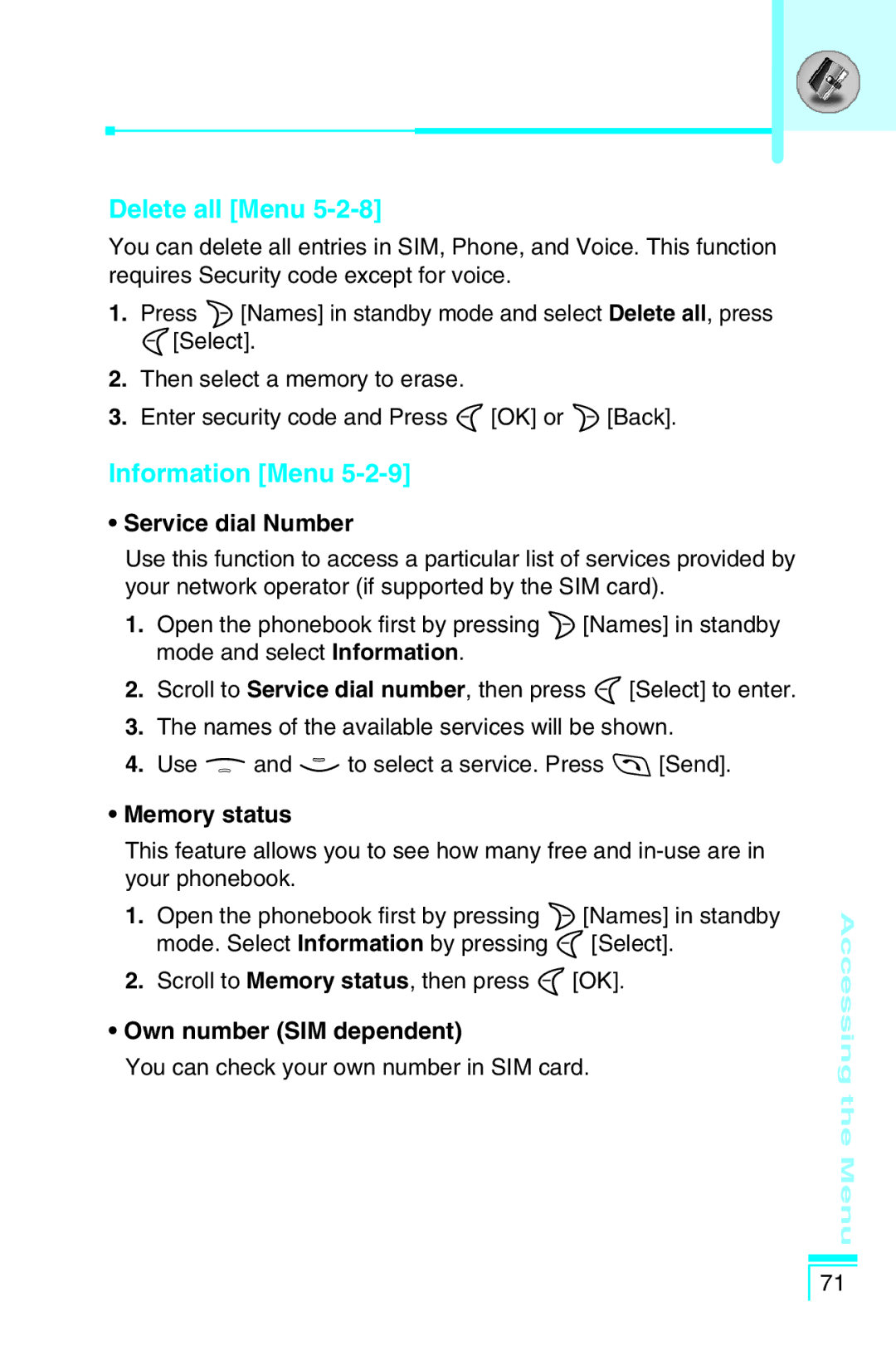 LG Electronics G5400 user manual Information Menu, Service dial Number, Memory status, Own number SIM dependent 