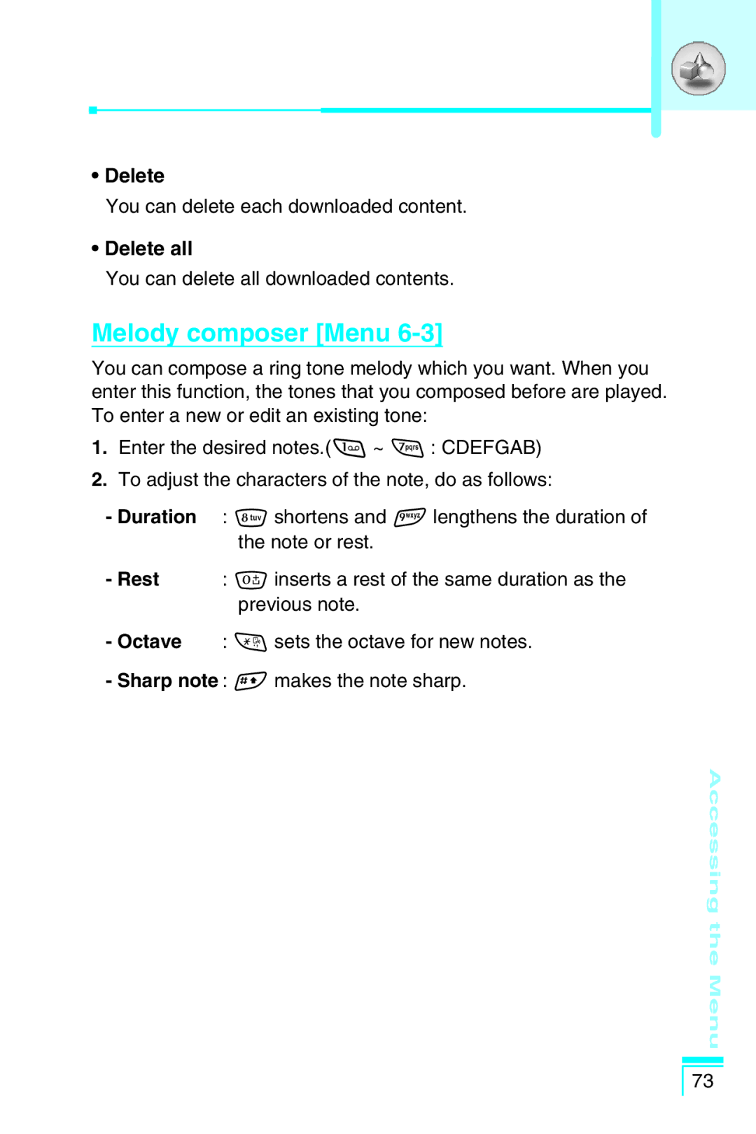 LG Electronics G5400 user manual Melody composer Menu, Delete all 