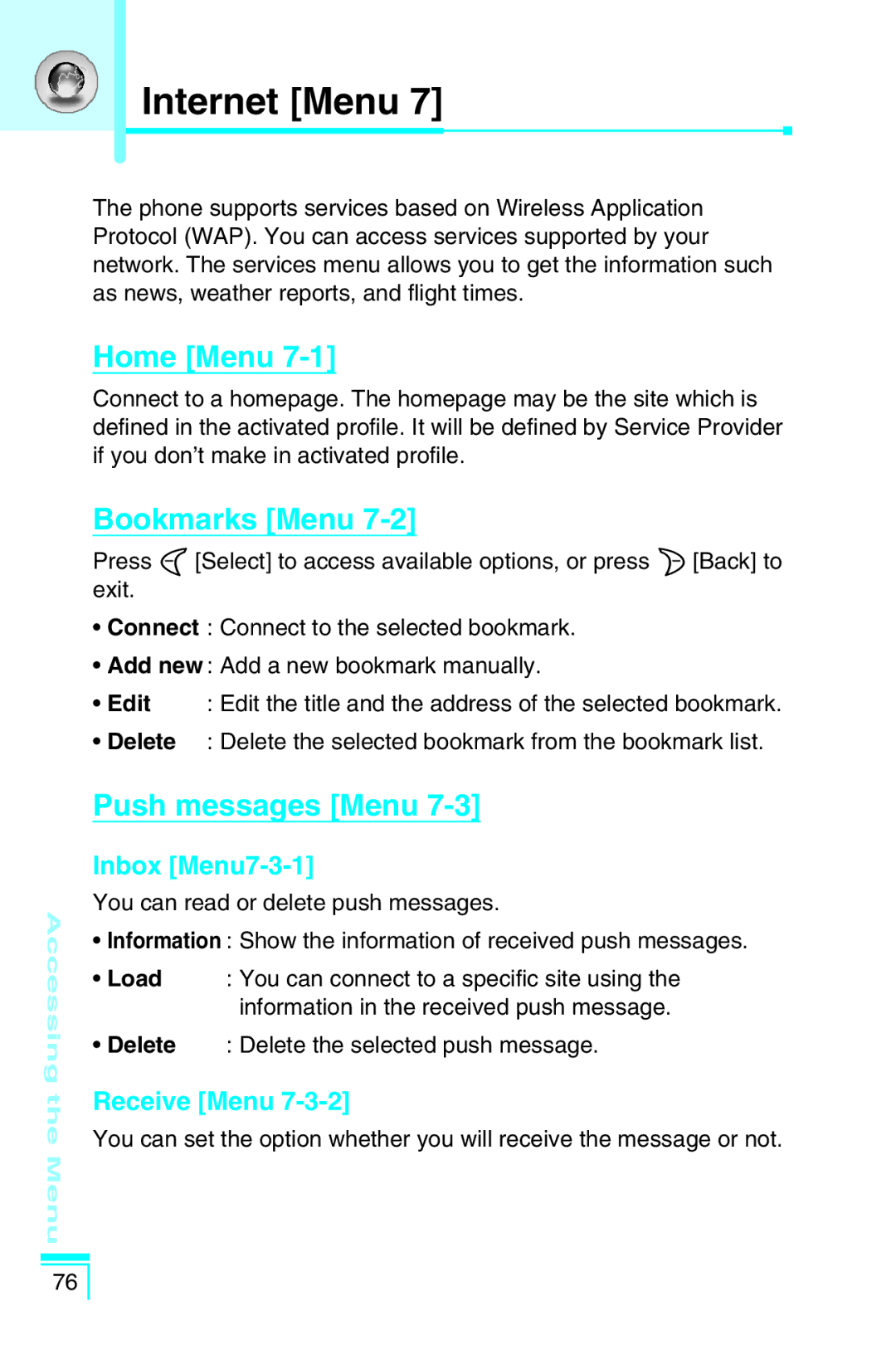 LG Electronics G5400 user manual Internet Menu, Home Menu, Bookmarks Menu, Push messages Menu, Inbox Menu7-3-1 