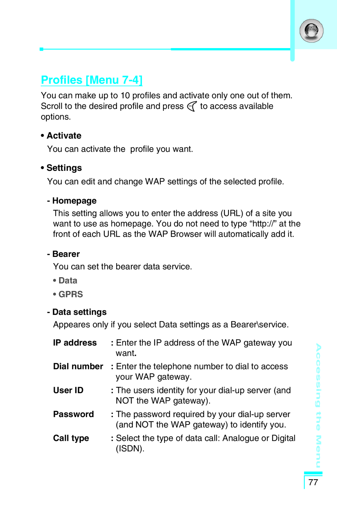 LG Electronics G5400 user manual Profiles Menu 