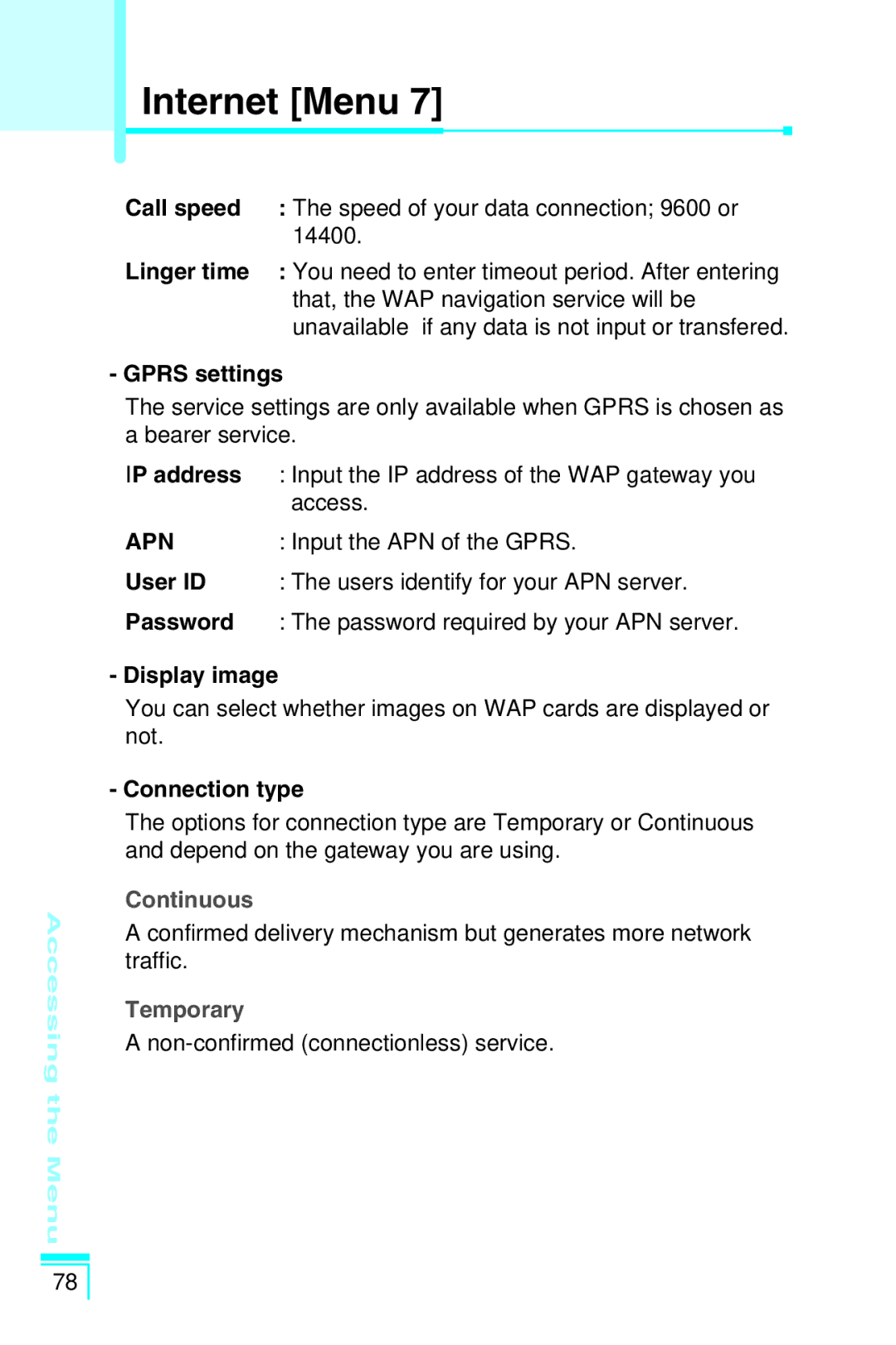 LG Electronics G5400 user manual Gprs settings, IP address, Display image, Connection type 