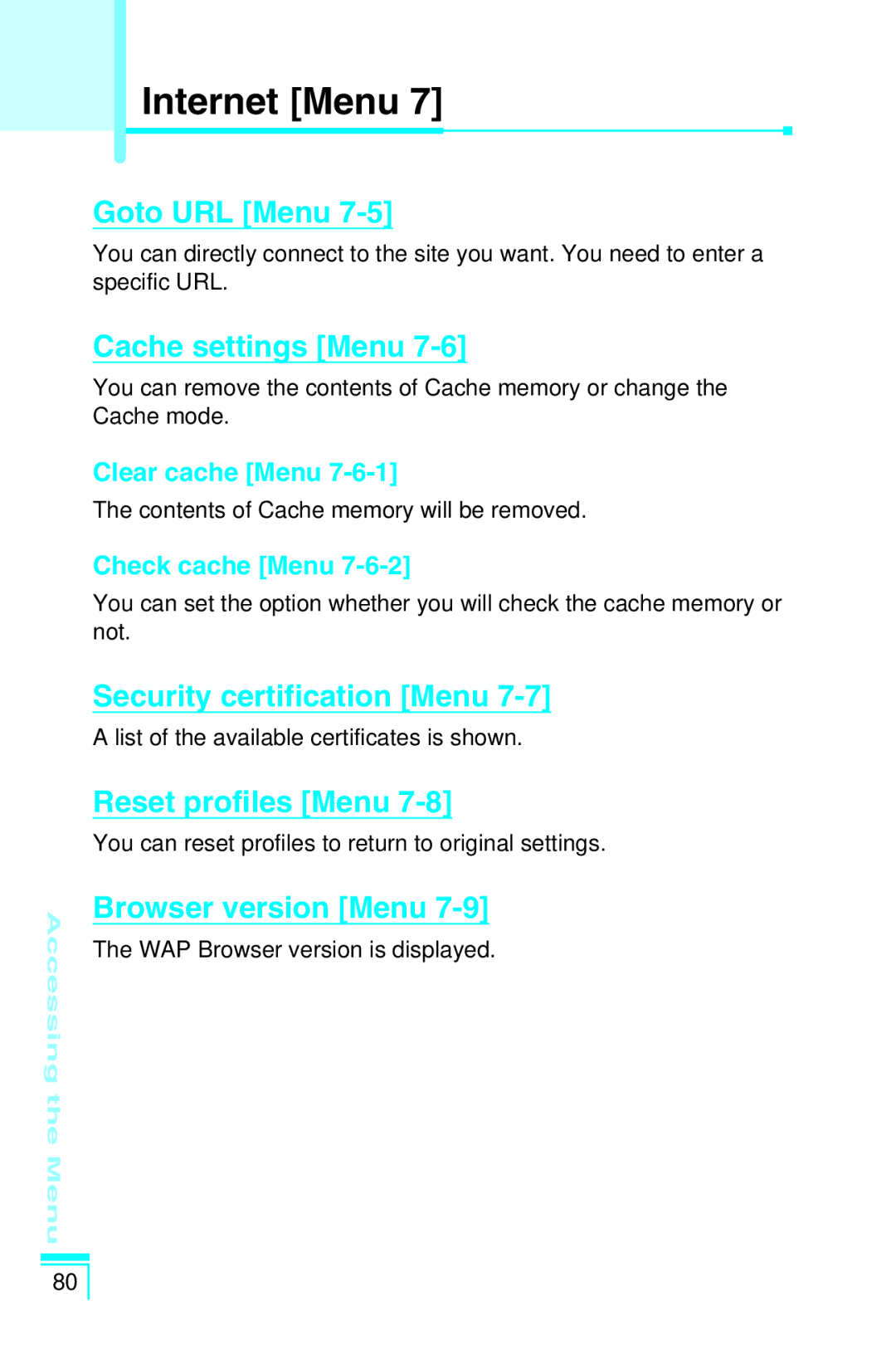 LG Electronics G5400 user manual Goto URL Menu, Cache settings Menu, Security certification Menu, Reset profiles Menu 
