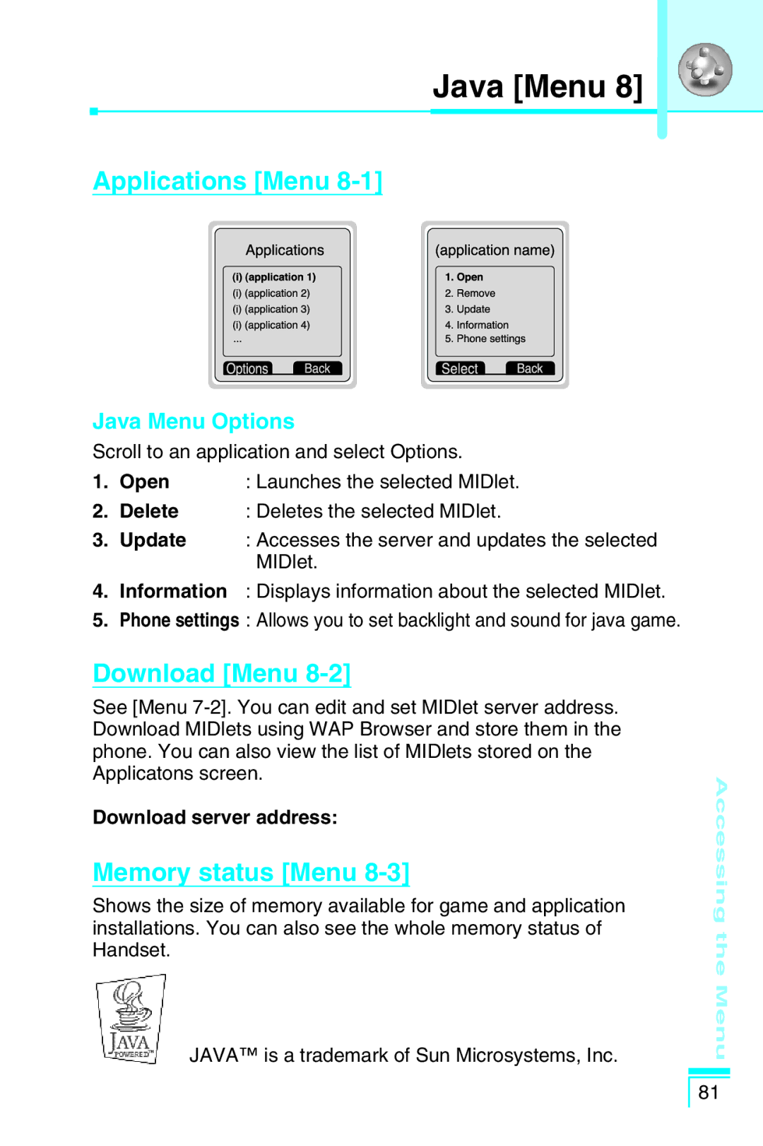 LG Electronics G5400 user manual Applications Menu, Download Menu, Memory status Menu, Java Menu Options 