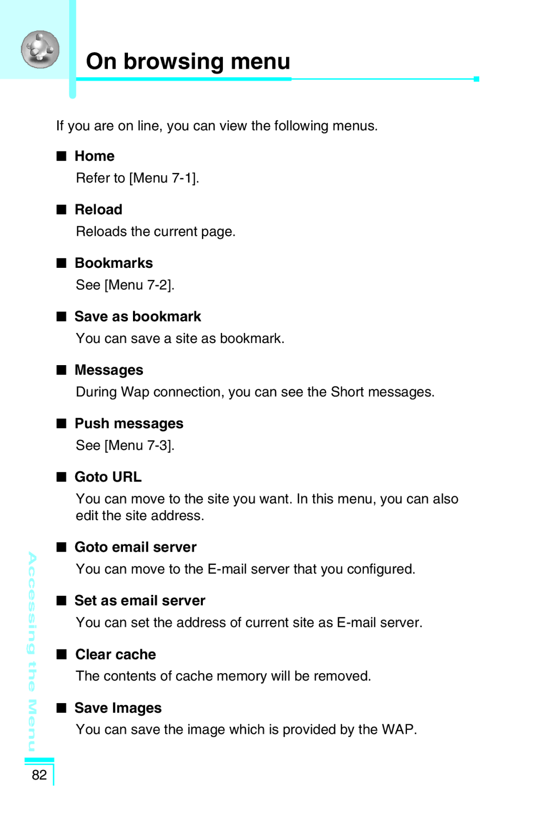 LG Electronics G5400 user manual On browsing menu 