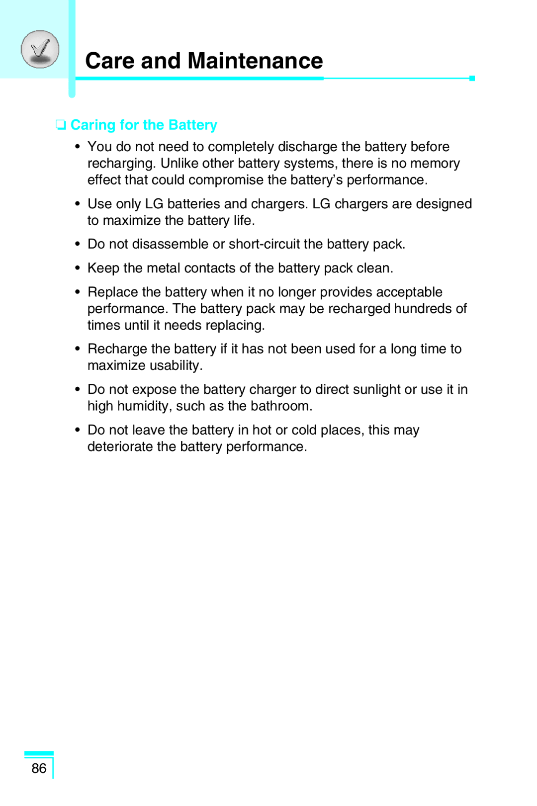 LG Electronics G5400 user manual Caring for the Battery 