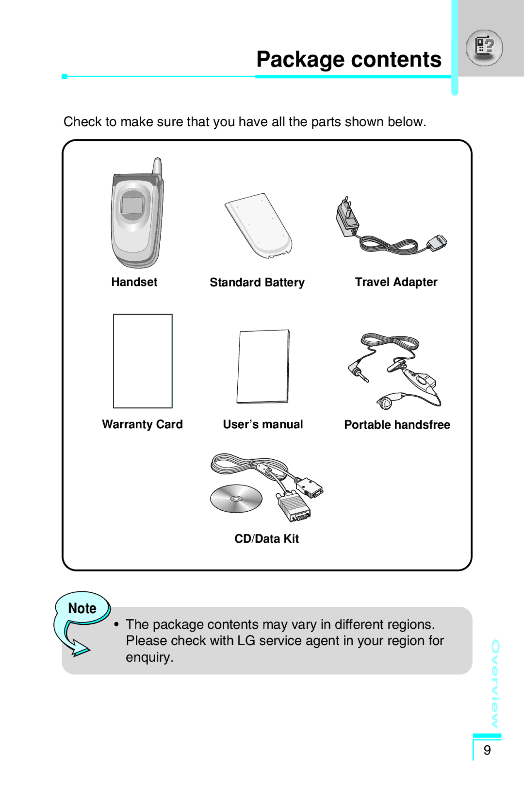 LG Electronics G7030 user manual Package contents 