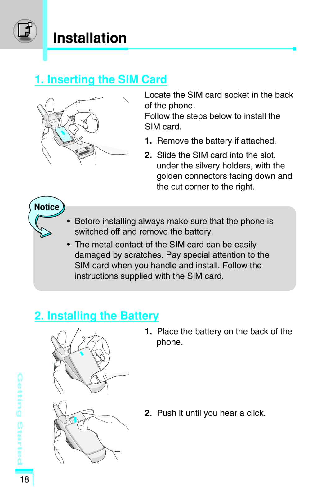 LG Electronics G7030 user manual Installation, Inserting the SIM Card, Installing the Battery 