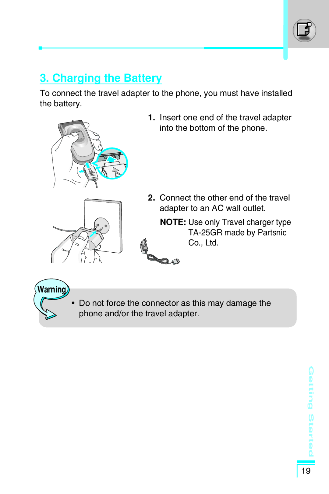 LG Electronics G7030 user manual Charging the Battery 