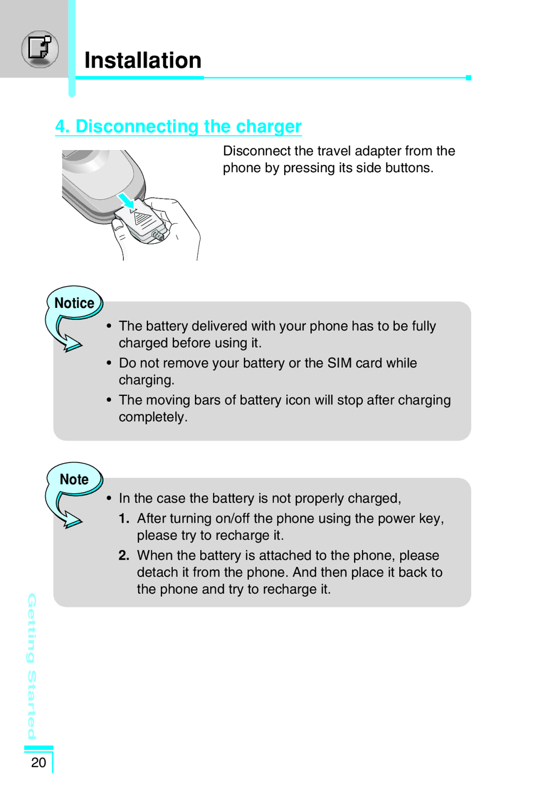 LG Electronics G7030 user manual Disconnecting the charger 