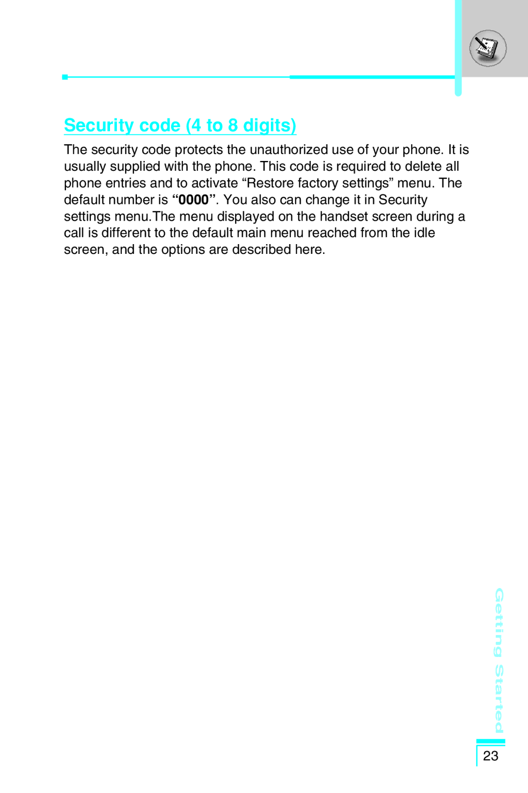 LG Electronics G7030 user manual Security code 4 to 8 digits 