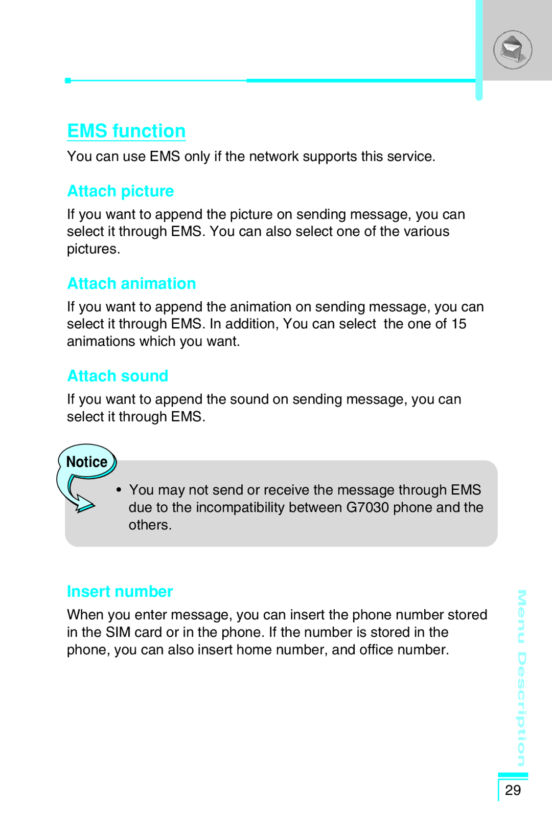 LG Electronics G7030 user manual EMS function, Attach picture, Attach animation, Attach sound, Insert number 