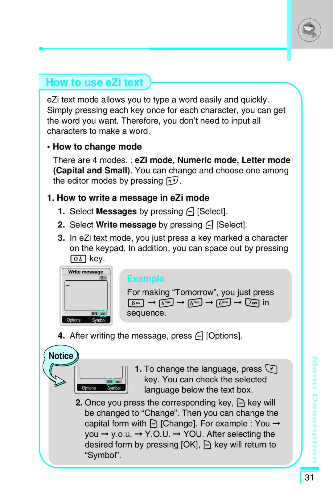 LG Electronics G7030 user manual How to use eZi text, How to write a message in eZi mode 