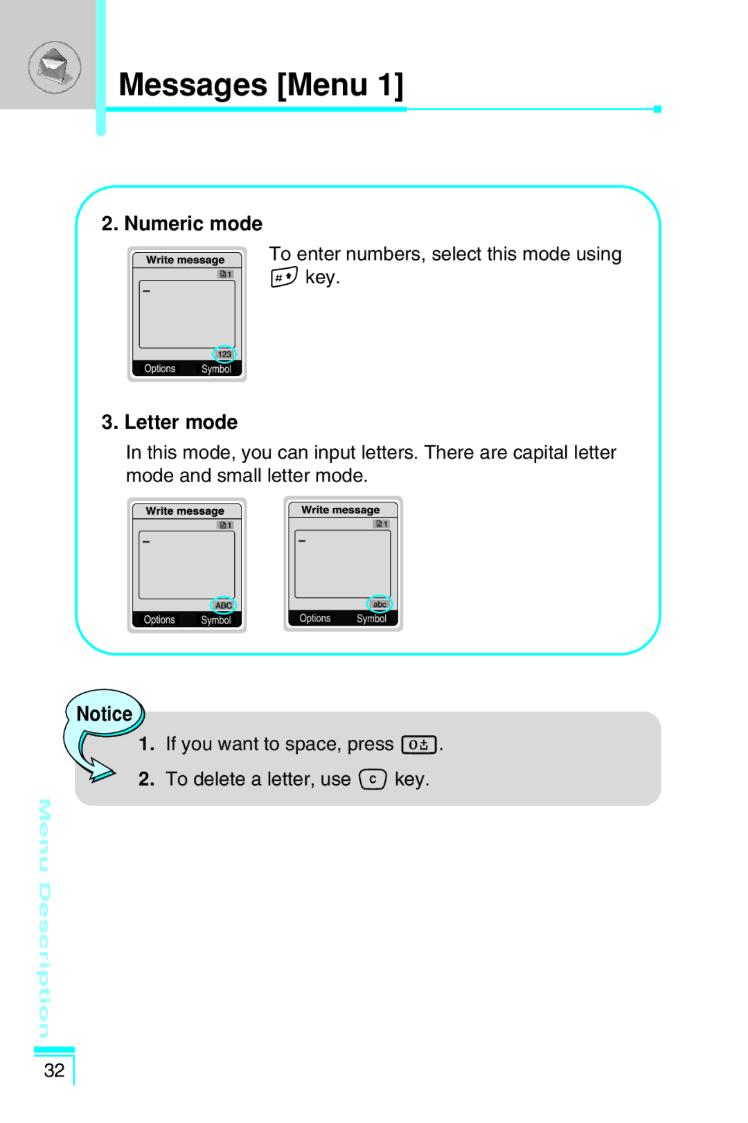 LG Electronics G7030 user manual Numeric mode, Letter mode 