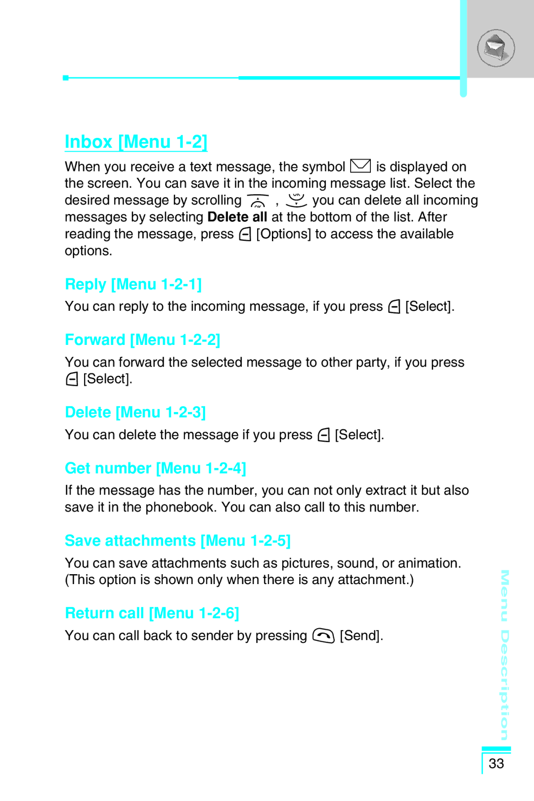 LG Electronics G7030 user manual Inbox Menu 