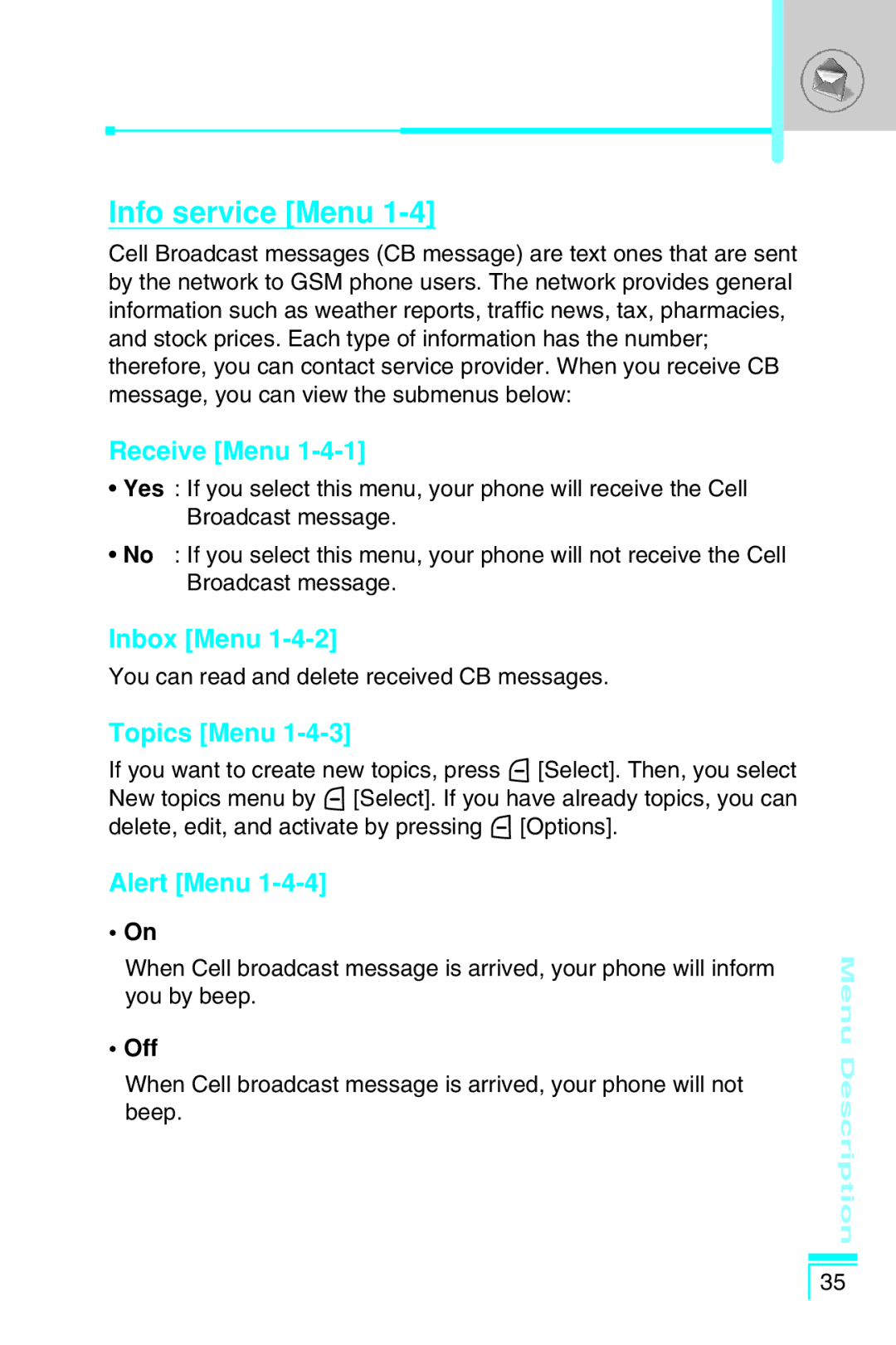 LG Electronics G7030 user manual Info service Menu, Receive Menu, Inbox Menu, Topics Menu, Alert Menu 