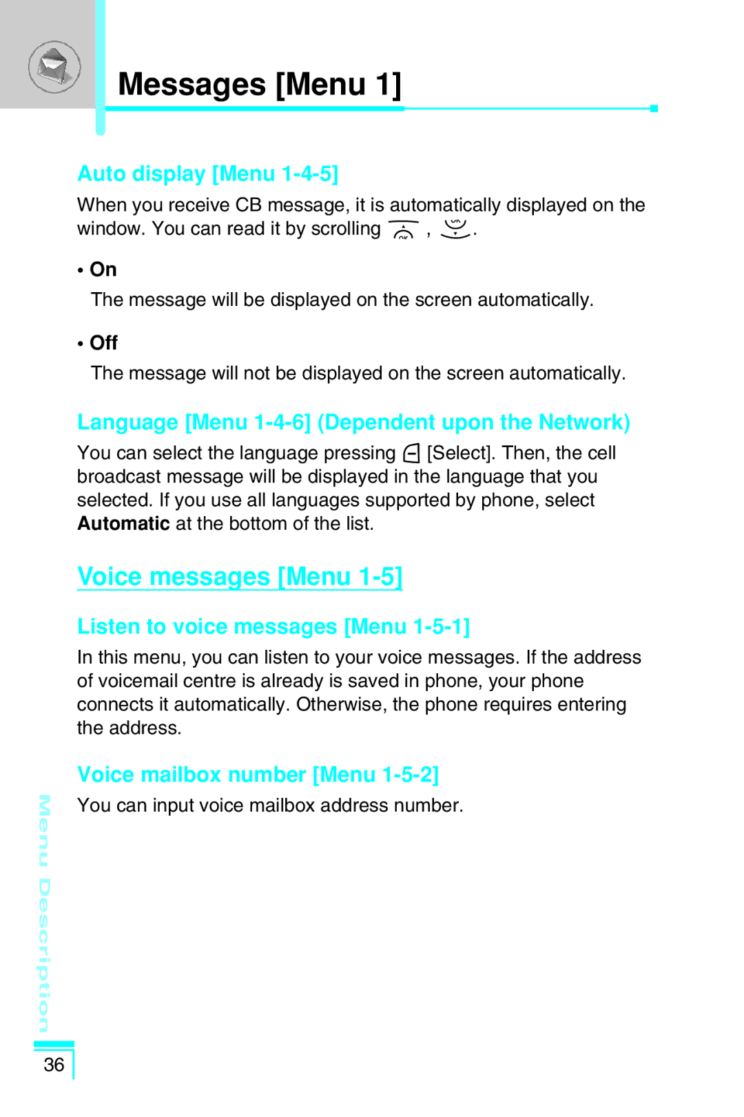 LG Electronics G7030 user manual Voice messages Menu, Auto display Menu, Language Menu 1-4-6 Dependent upon the Network 