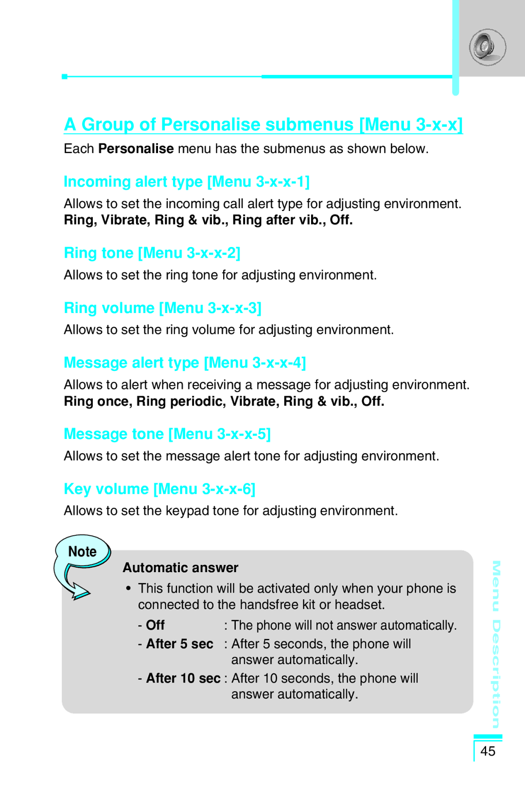 LG Electronics G7030 user manual Group of Personalise submenus Menu 