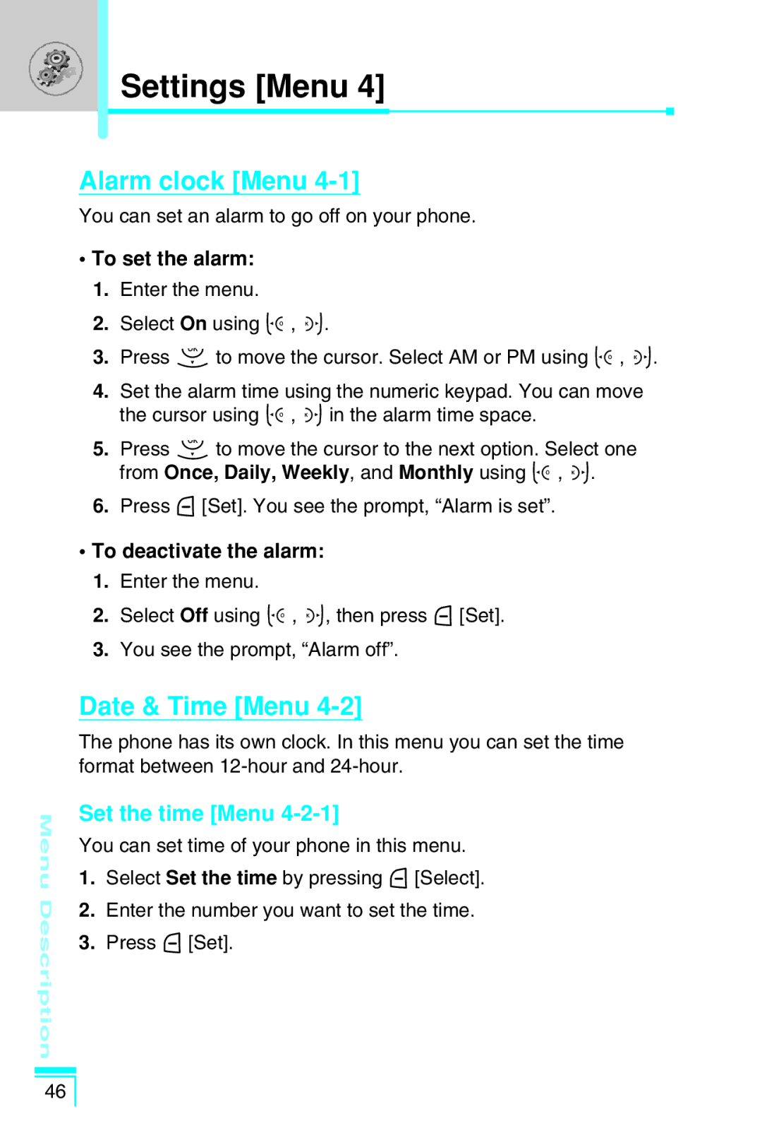 LG Electronics G7030 user manual Settings Menu, Alarm clock Menu, Date & Time Menu, Set the time Menu 