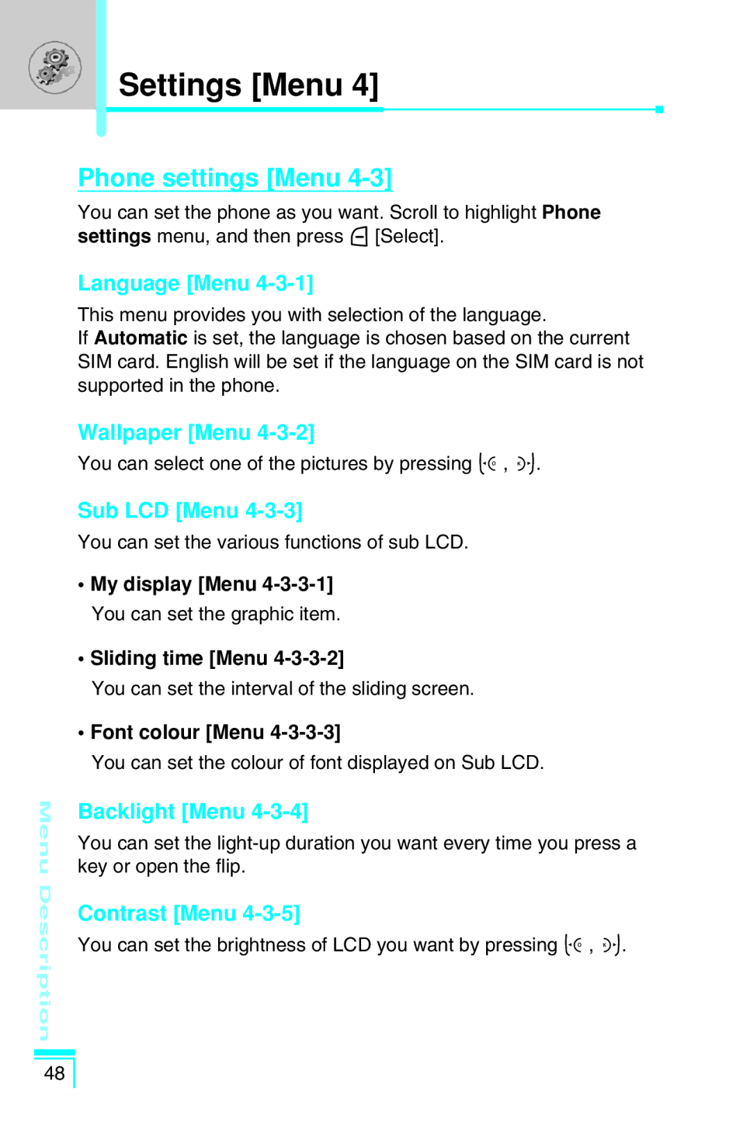 LG Electronics G7030 user manual Phone settings Menu 