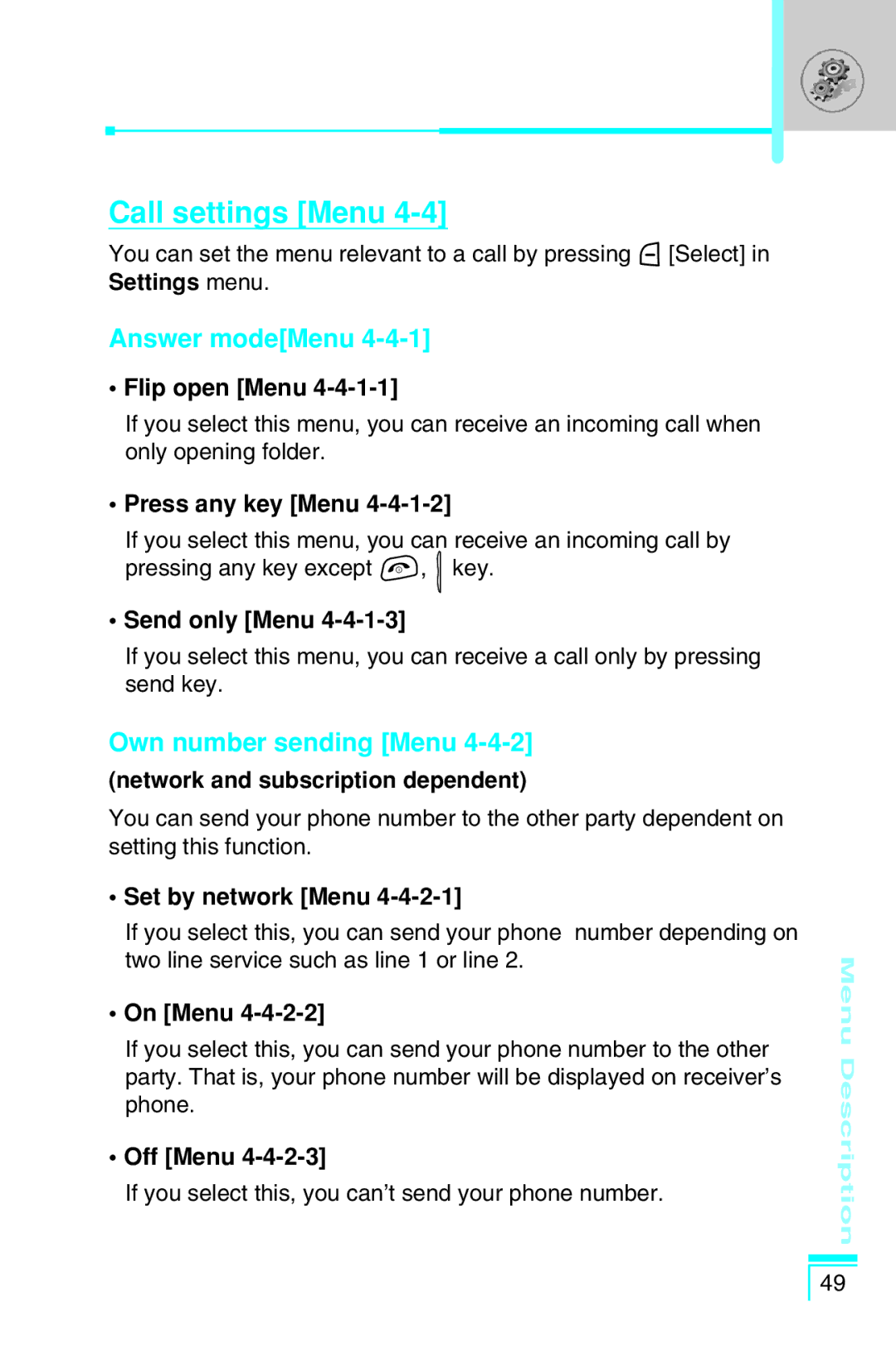 LG Electronics G7030 user manual Call settings Menu, Answer modeMenu, Own number sending Menu 