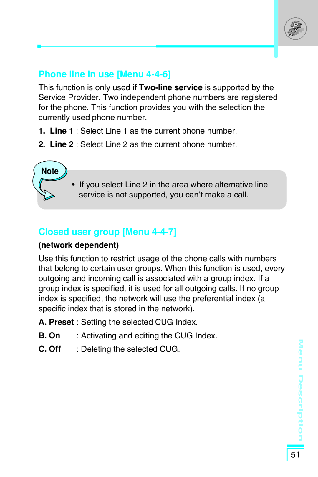 LG Electronics G7030 user manual Phone line in use Menu, Closed user group Menu, Network dependent 