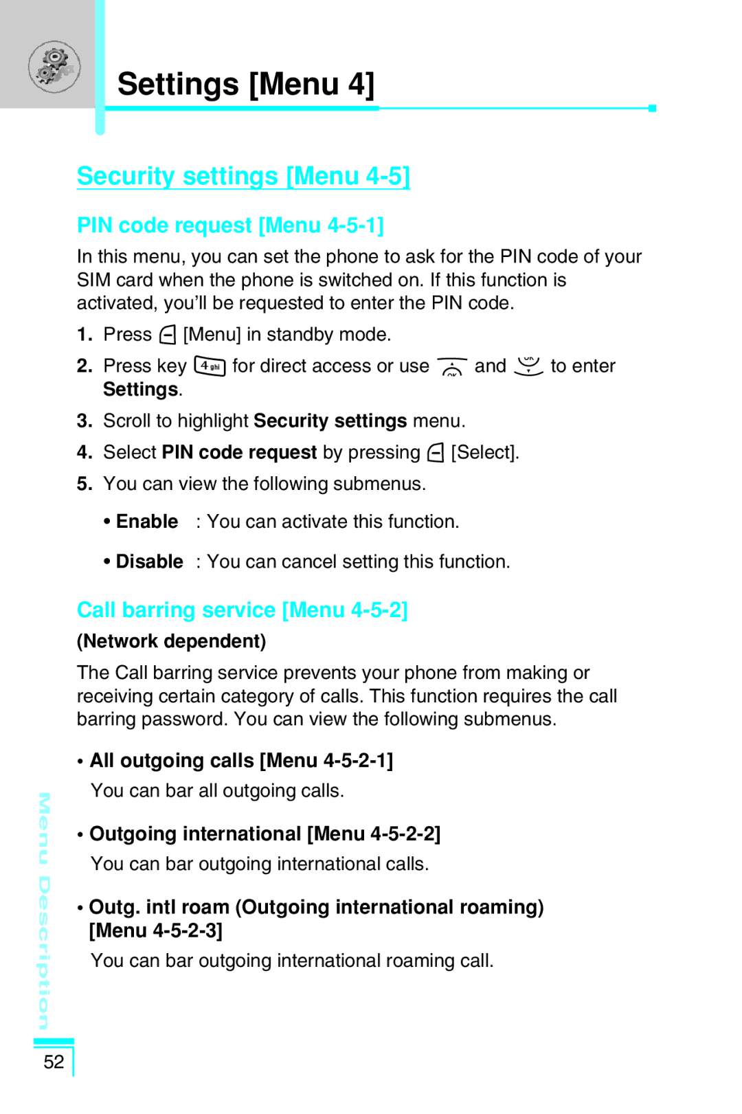 LG Electronics G7030 user manual Security settings Menu, PIN code request Menu, Call barring service Menu 