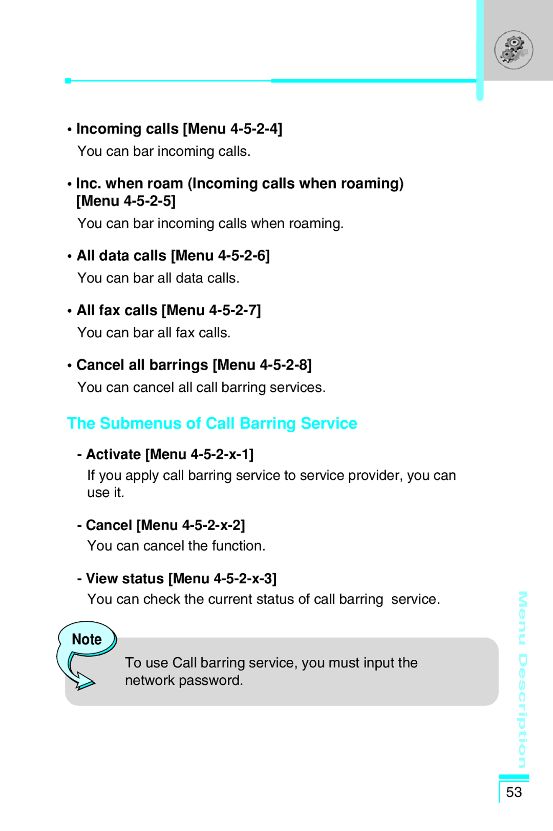 LG Electronics G7030 user manual Submenus of Call Barring Service, Inc. when roam Incoming calls when roaming Menu 