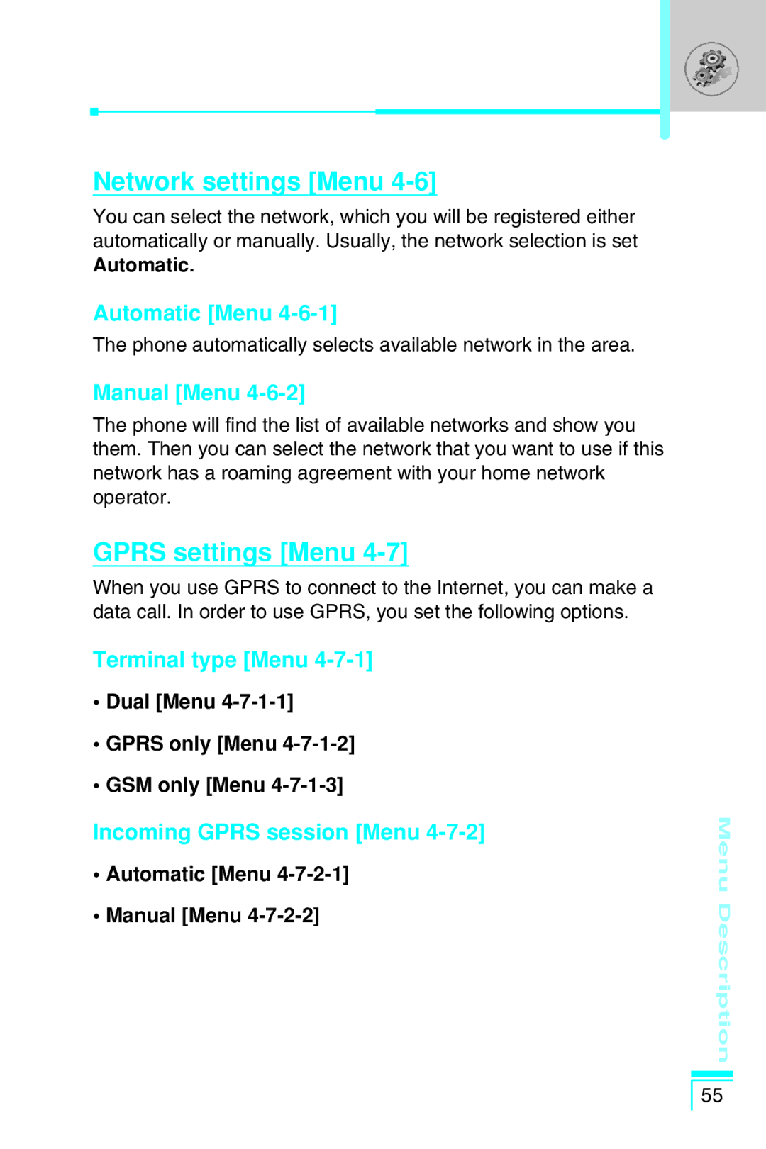 LG Electronics G7030 user manual Network settings Menu, Gprs settings Menu 