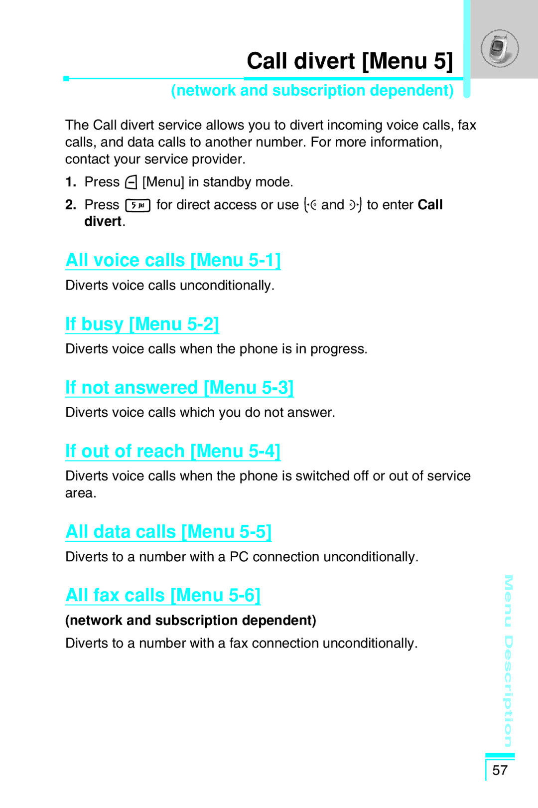 LG Electronics G7030 user manual Call divert Menu 