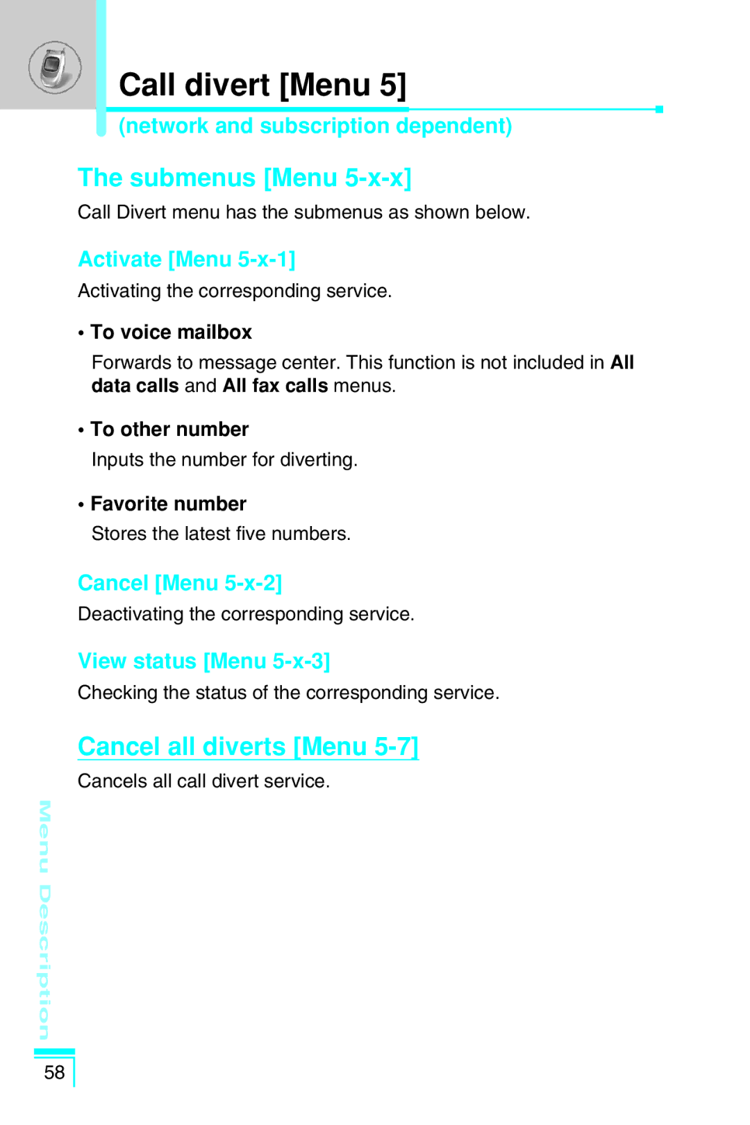 LG Electronics G7030 user manual Submenus Menu, Cancel all diverts Menu, Cancel Menu, View status Menu 