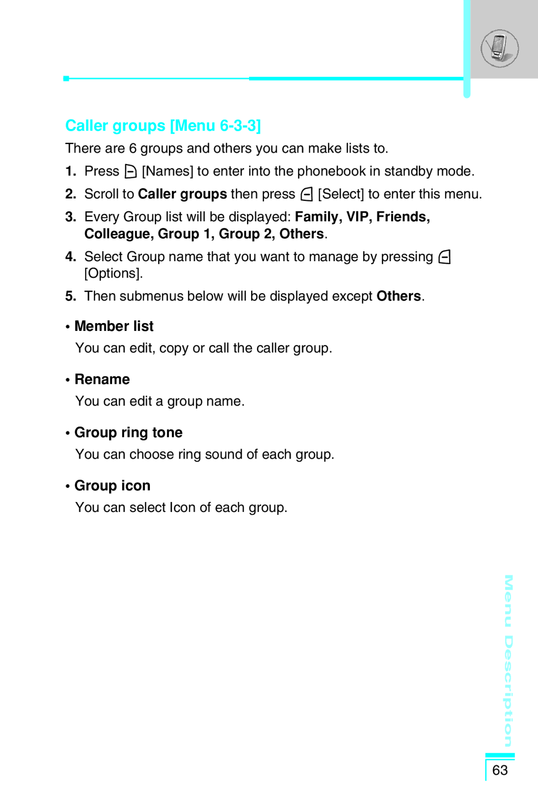 LG Electronics G7030 user manual Caller groups Menu, Member list, Rename, Group ring tone, Group icon 