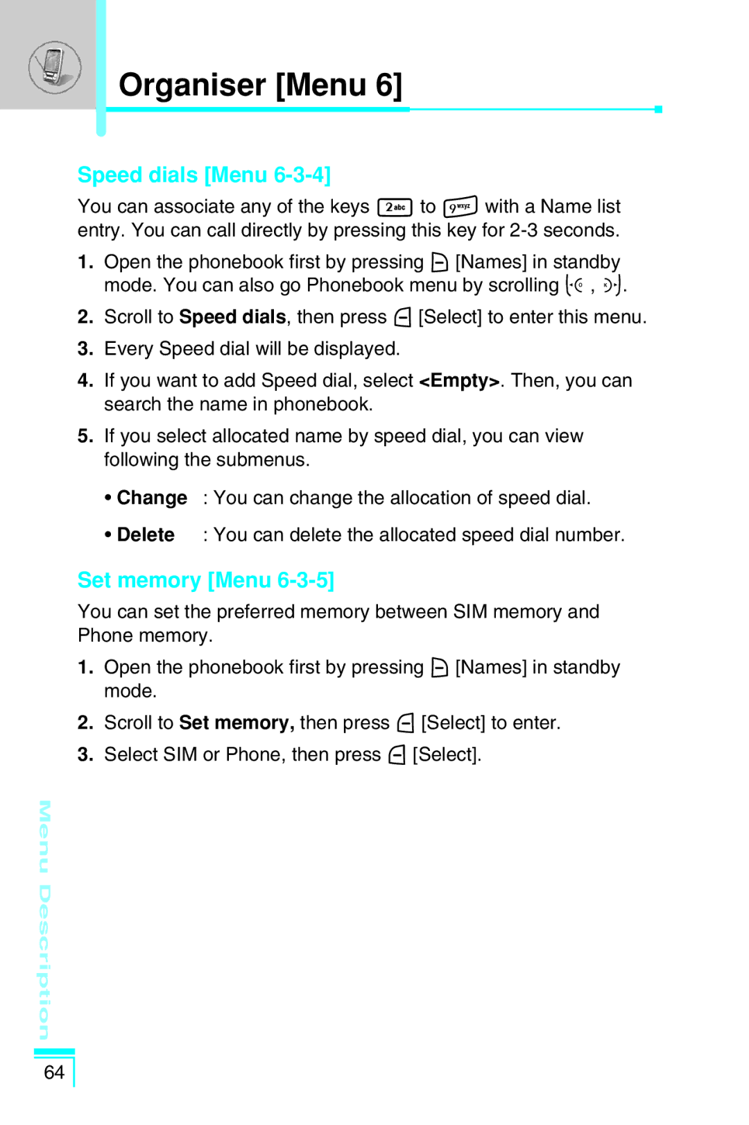 LG Electronics G7030 user manual Speed dials Menu, Set memory Menu 