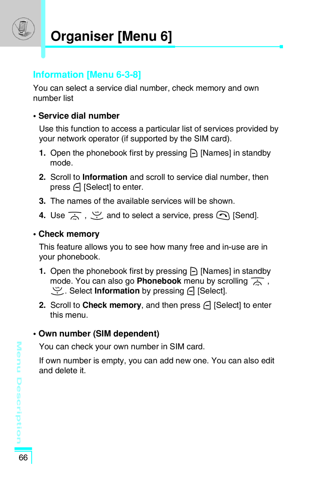 LG Electronics G7030 user manual Information Menu, Service dial number, Check memory, Own number SIM dependent 