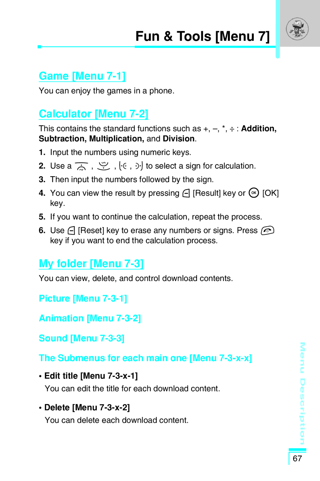 LG Electronics G7030 user manual Fun & Tools Menu, Game Menu, Calculator Menu, My folder Menu 