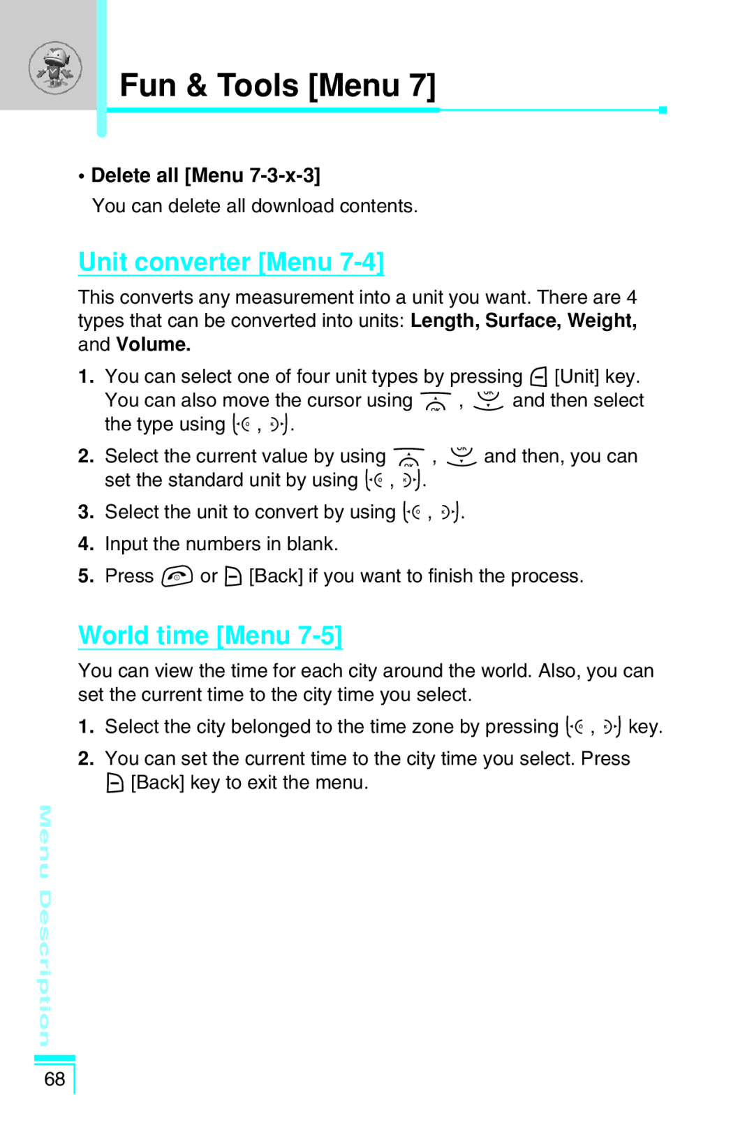 LG Electronics G7030 user manual Unit converter Menu, World time Menu, Delete all Menu 