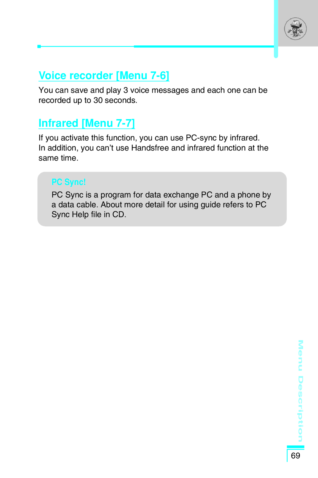 LG Electronics G7030 user manual Voice recorder Menu, Infrared Menu 