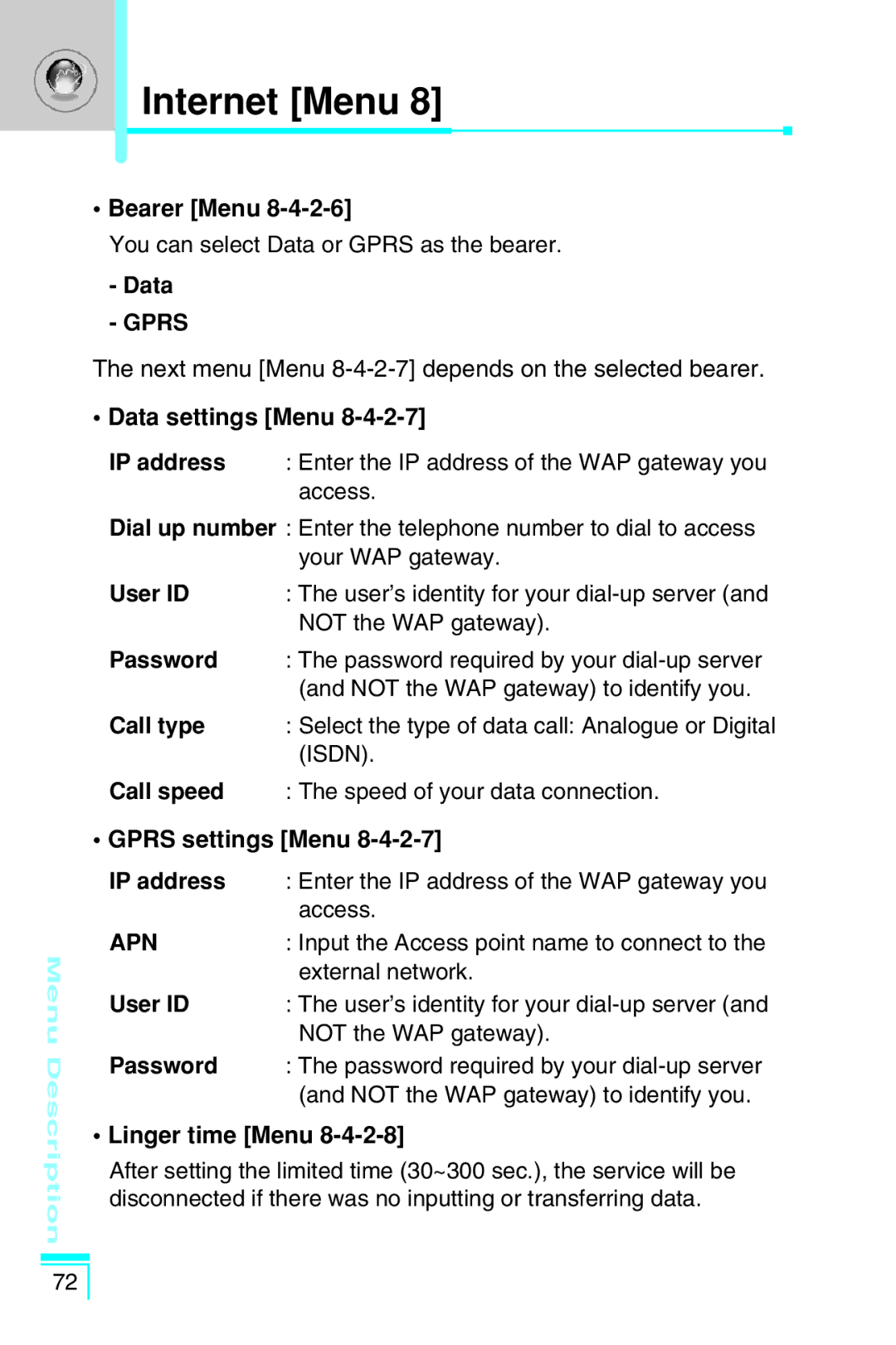 LG Electronics G7030 Bearer Menu, Data settings Menu, User ID, Password, Call type, Call speed, Gprs settings Menu 