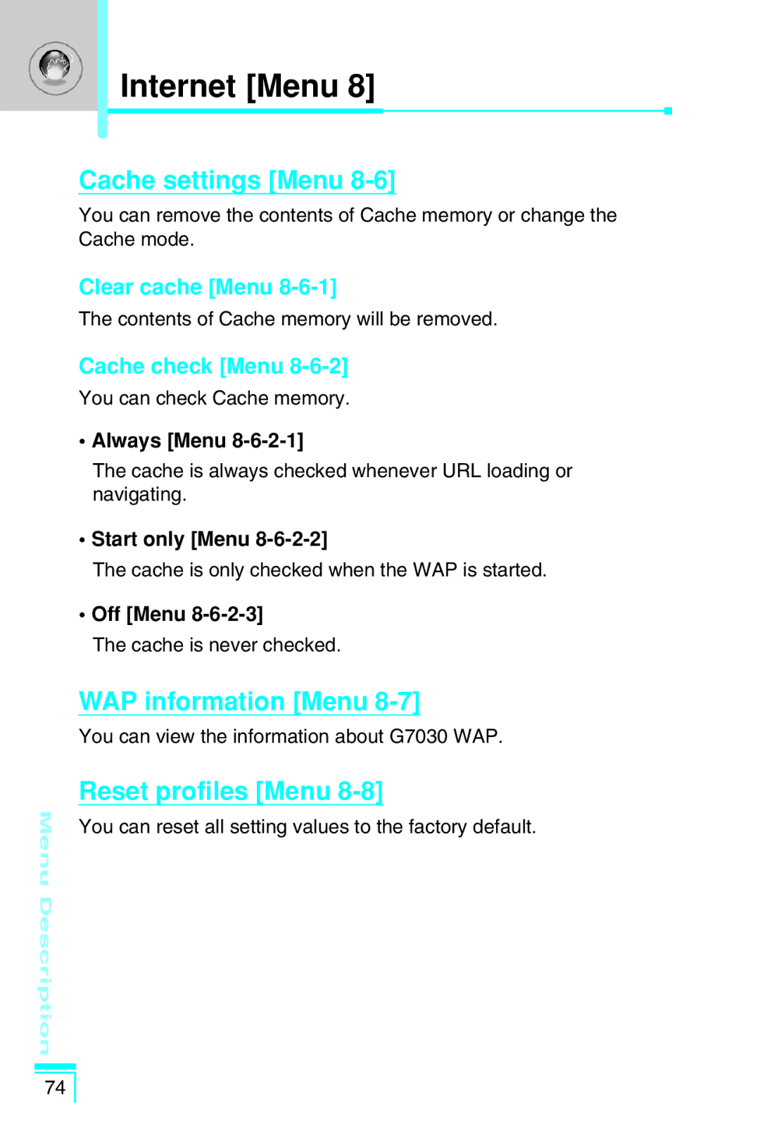 LG Electronics G7030 Cache settings Menu, WAP information Menu, Reset profiles Menu, Clear cache Menu, Cache check Menu 