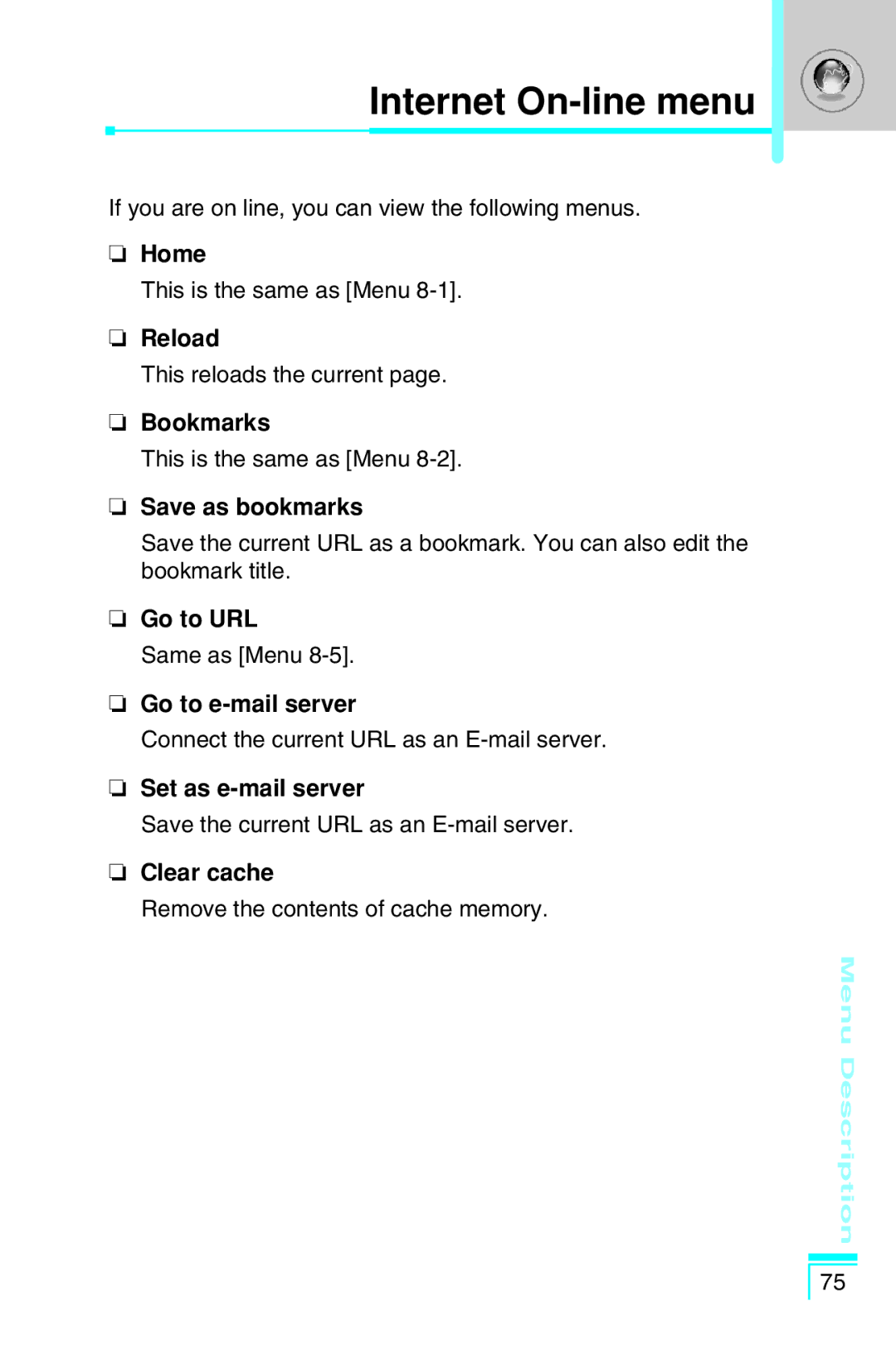 LG Electronics G7030 user manual Internet On-line menu 