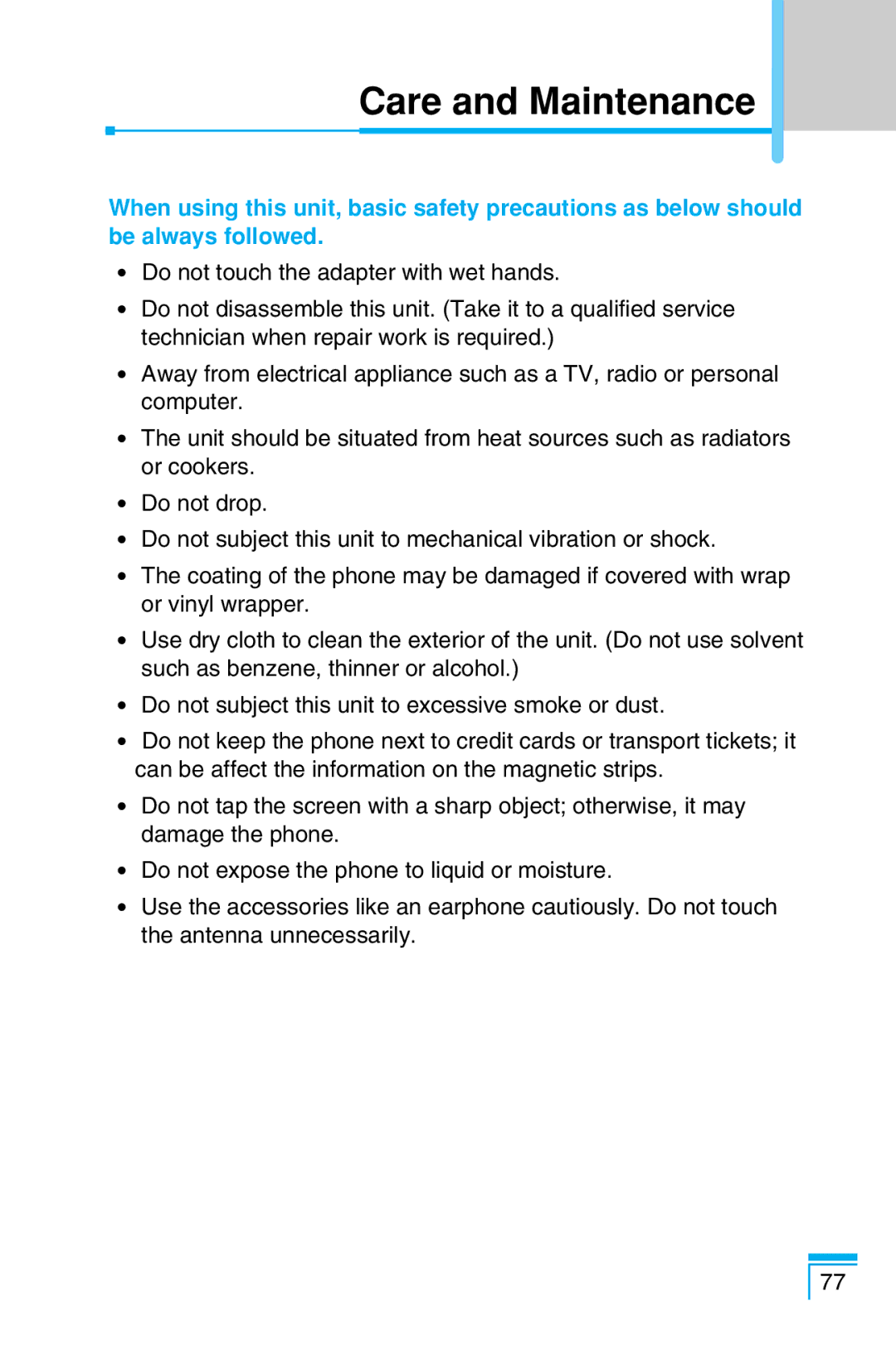 LG Electronics G7030 user manual Care and Maintenance 