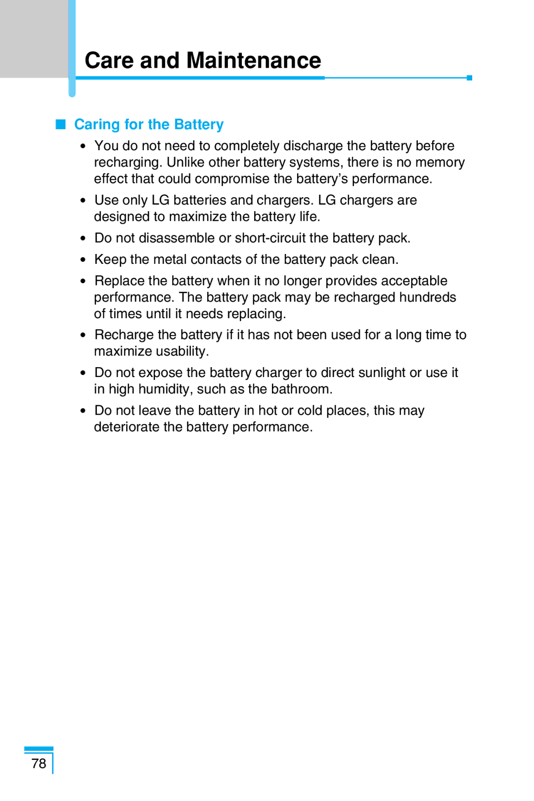 LG Electronics G7030 user manual Caring for the Battery 