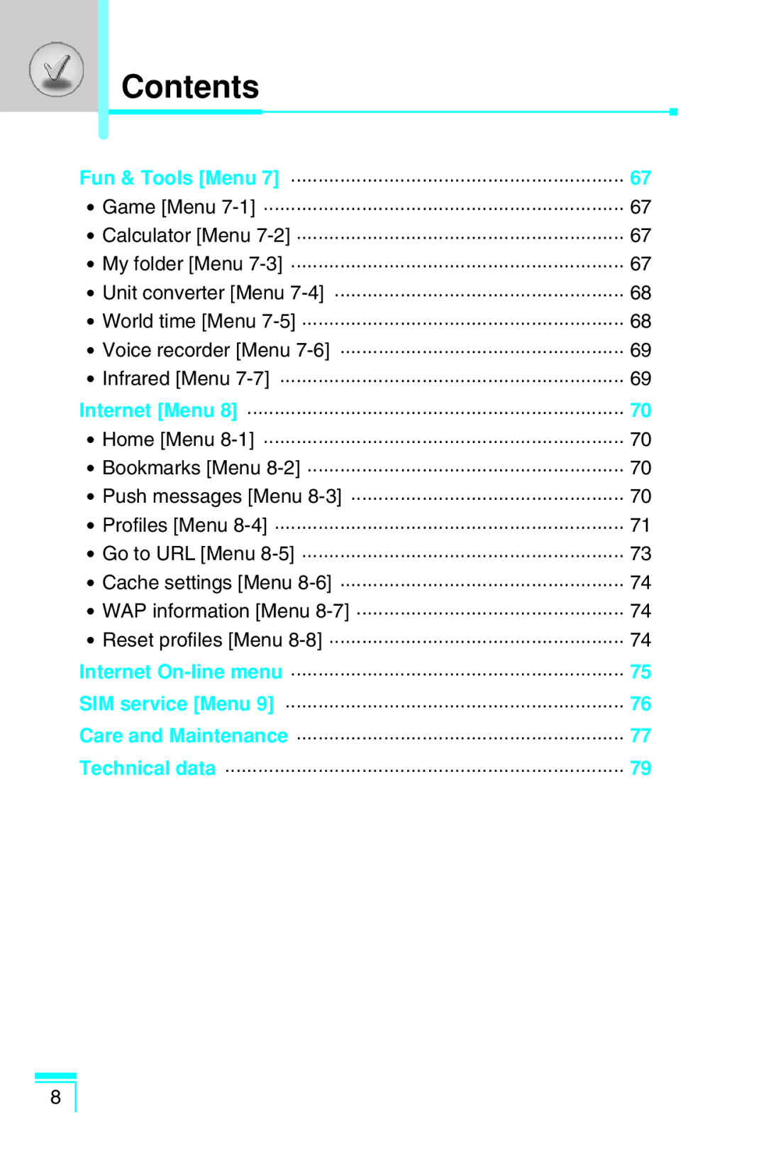 LG Electronics G7030 user manual Game Menu 7-1 