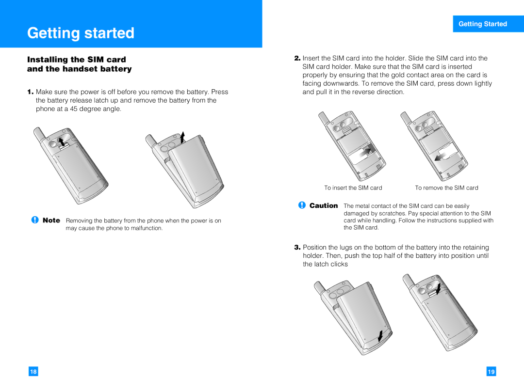 LG Electronics G7050 manual Getting started, Installing the SIM card and the handset battery, Getting Started 